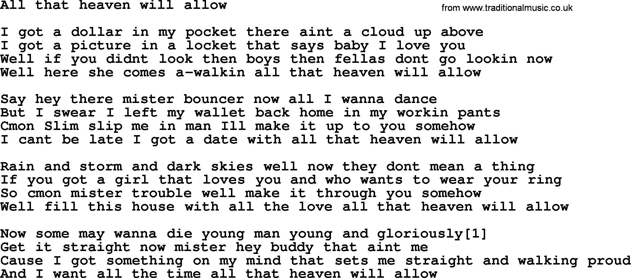 Bruce Springsteen song: All That Heaven Will Allow lyrics