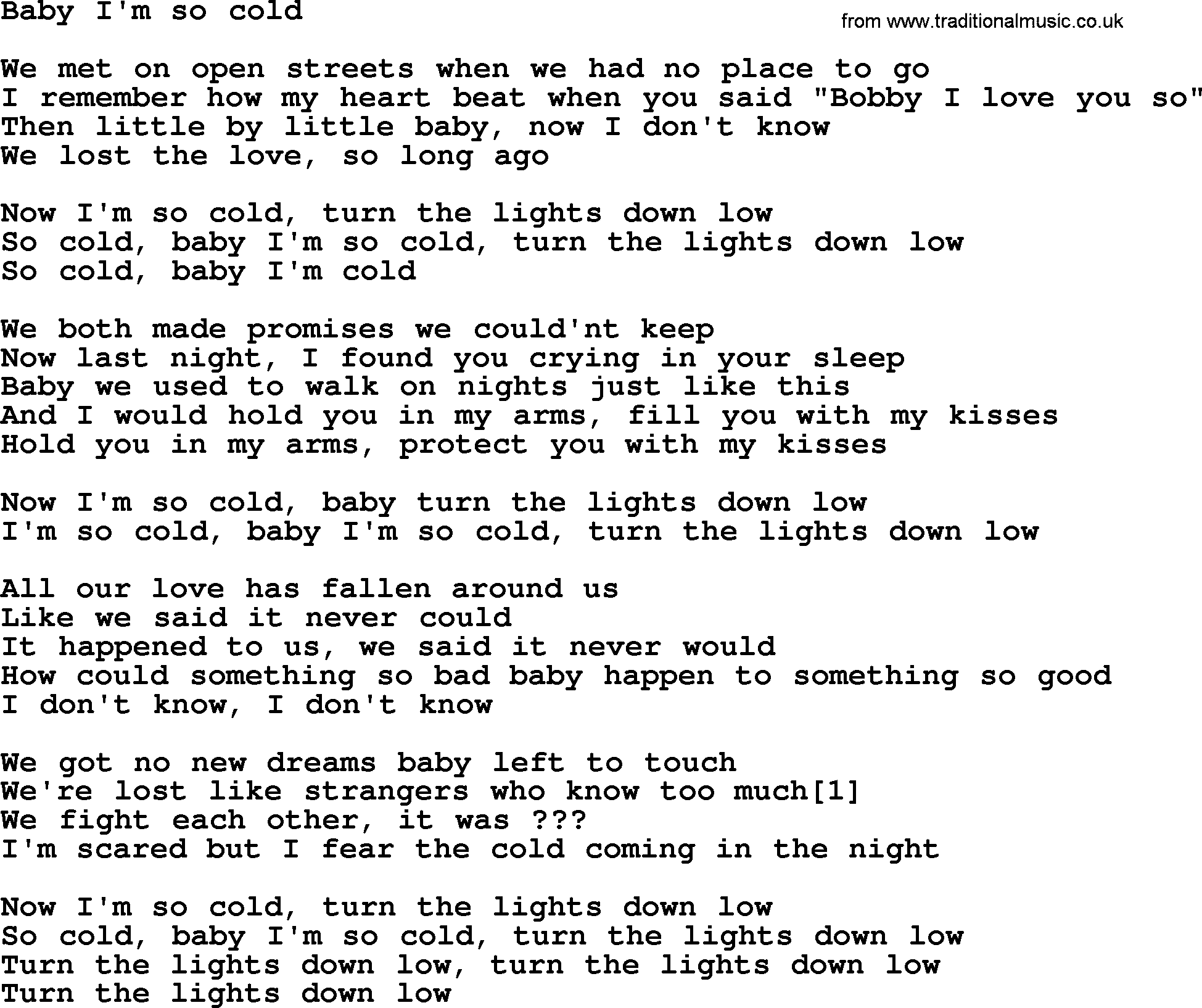 Bruce Springsteen song: Baby I'm So Cold lyrics