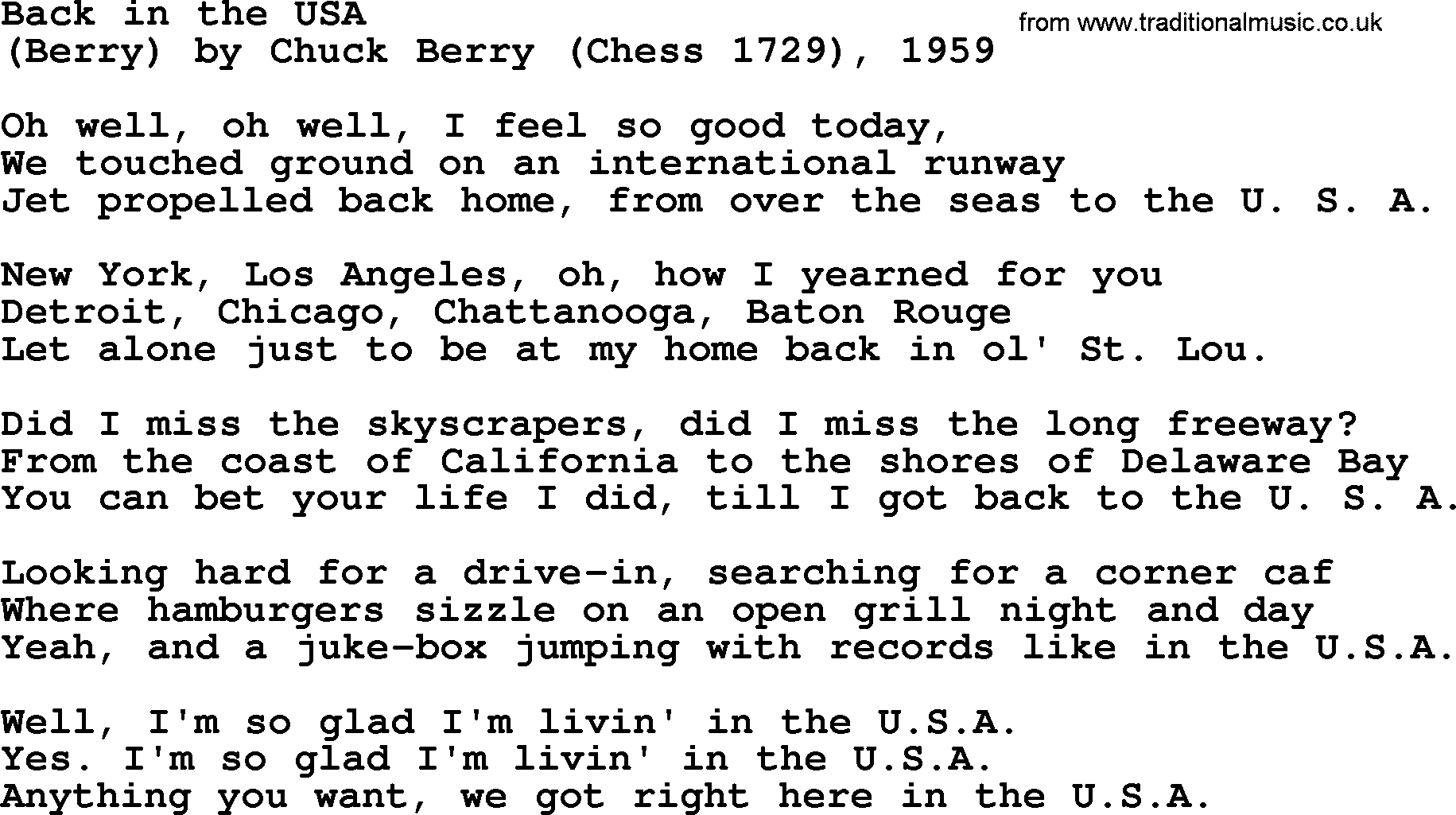 Bruce Springsteen song: Back In The Usa lyrics