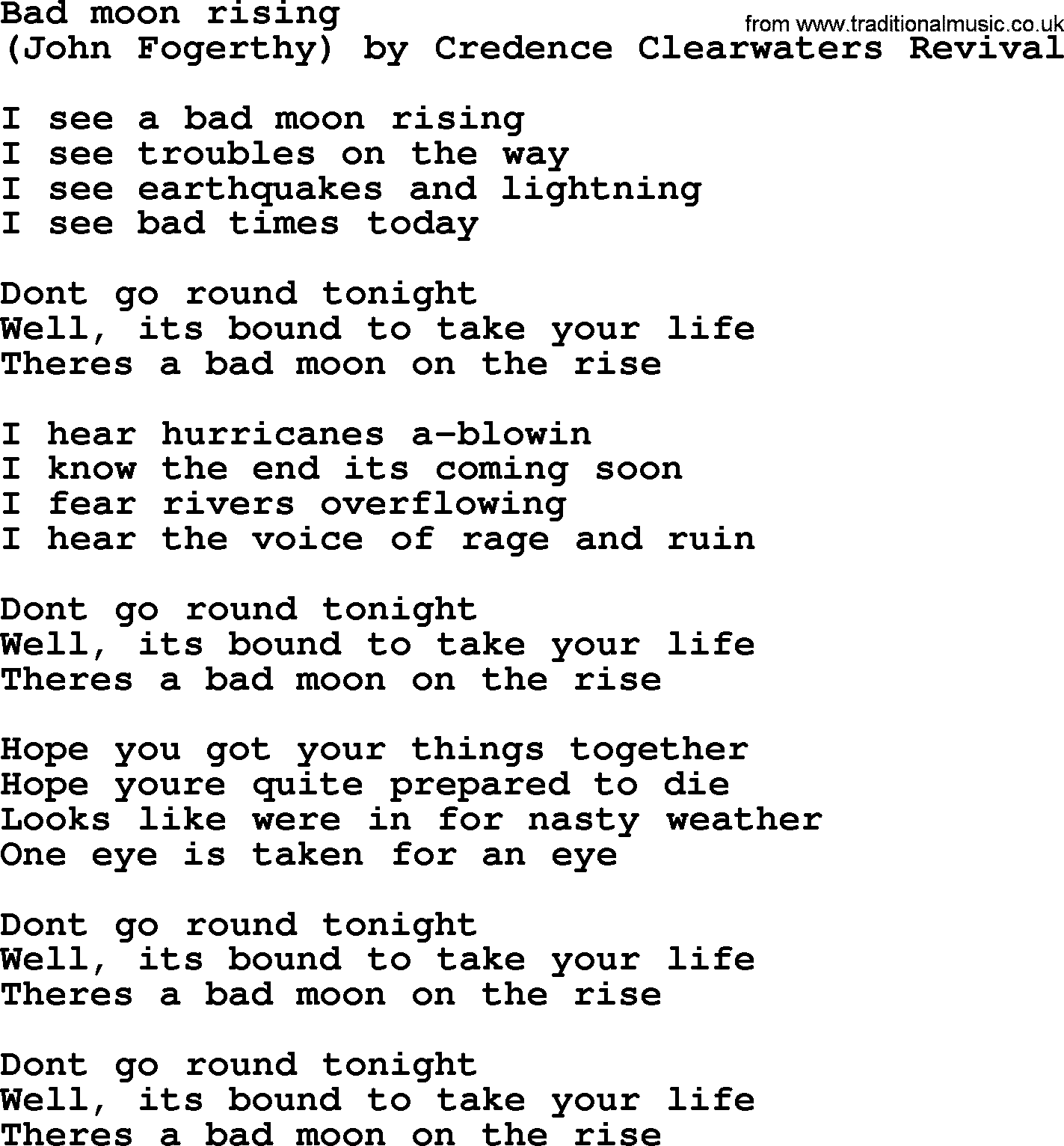 Bruce Springsteen song: Bad Moon Rising lyrics
