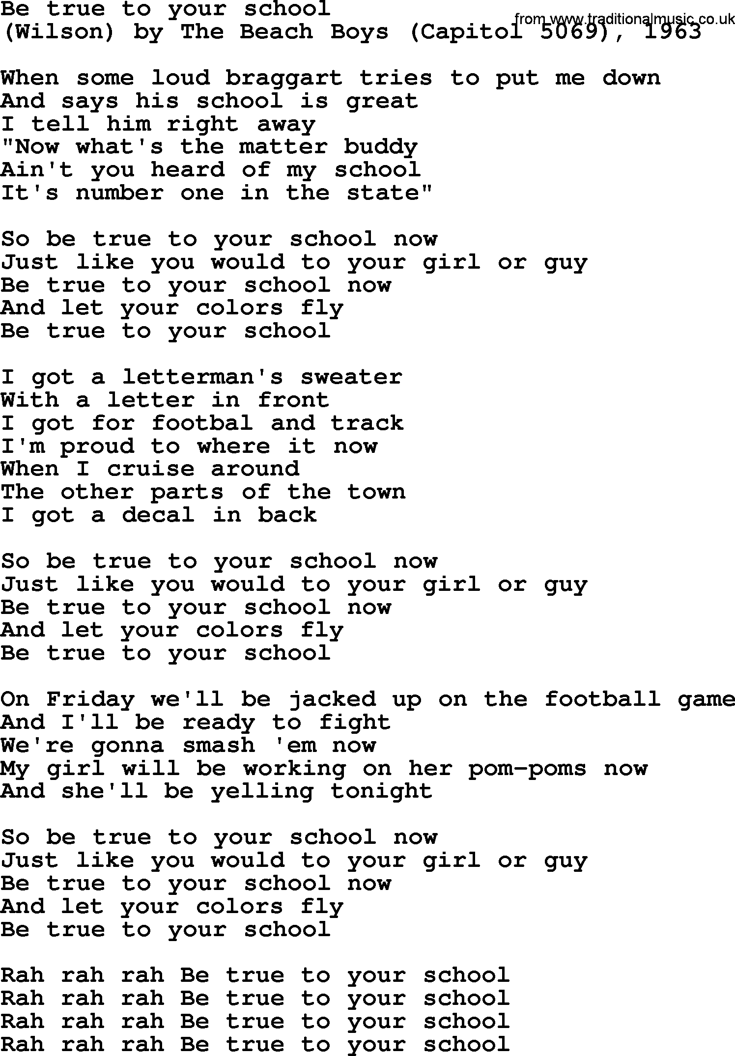 Bruce Springsteen song: Be True To Your School lyrics