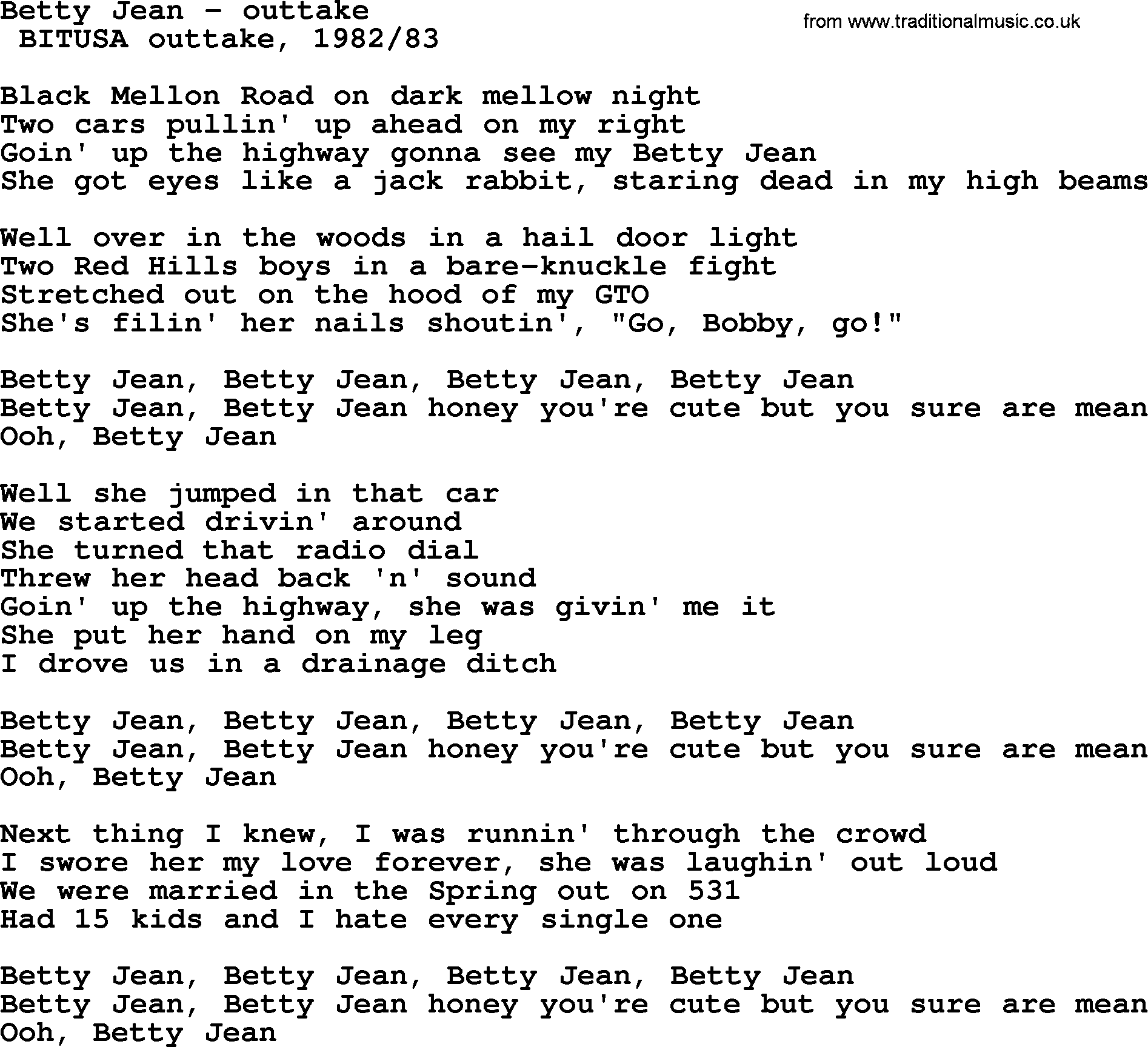 Bruce Springsteen song: Betty Jean - Outtake lyrics