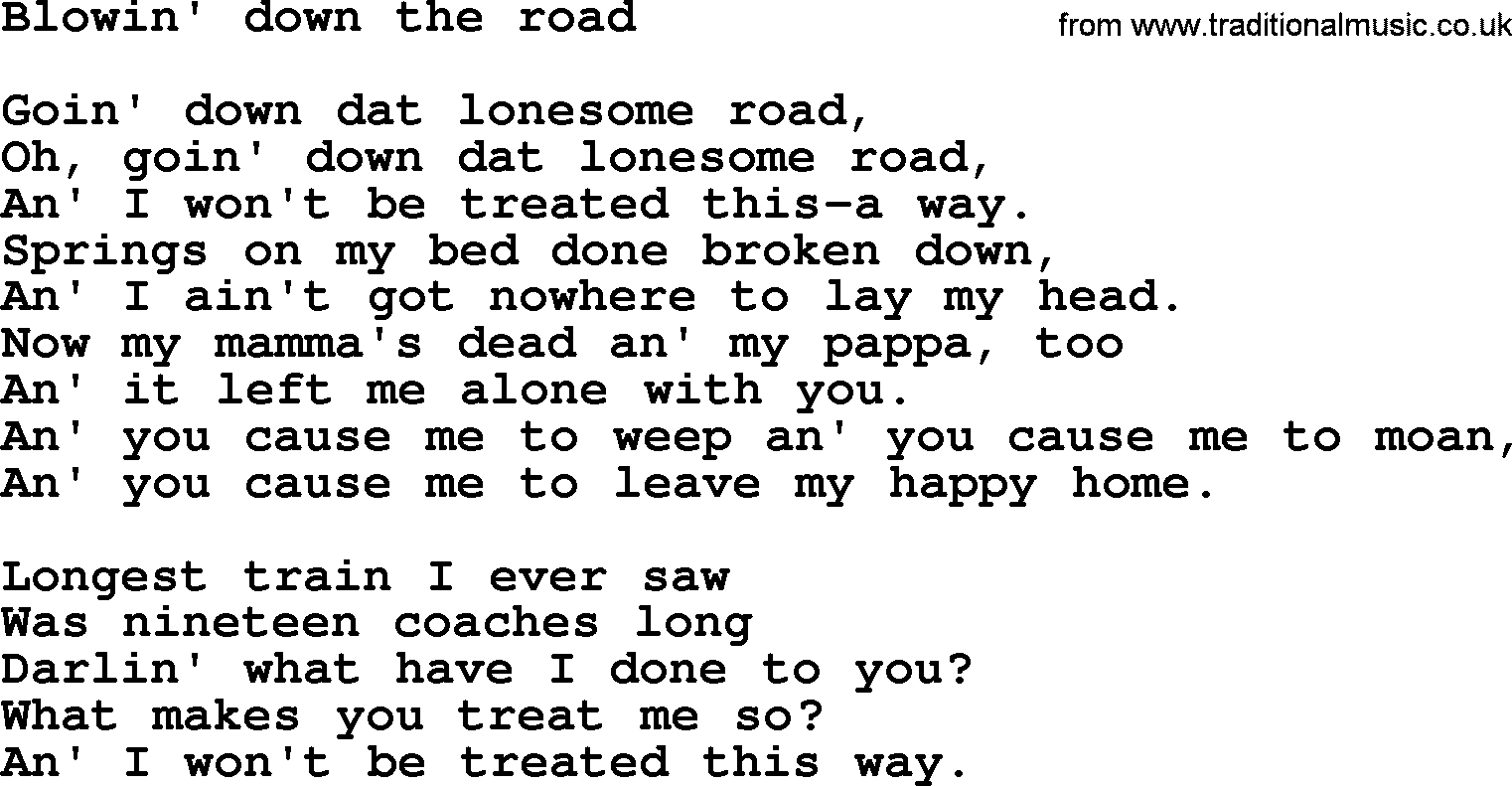 Bruce Springsteen song: Blowin' Down The Road lyrics
