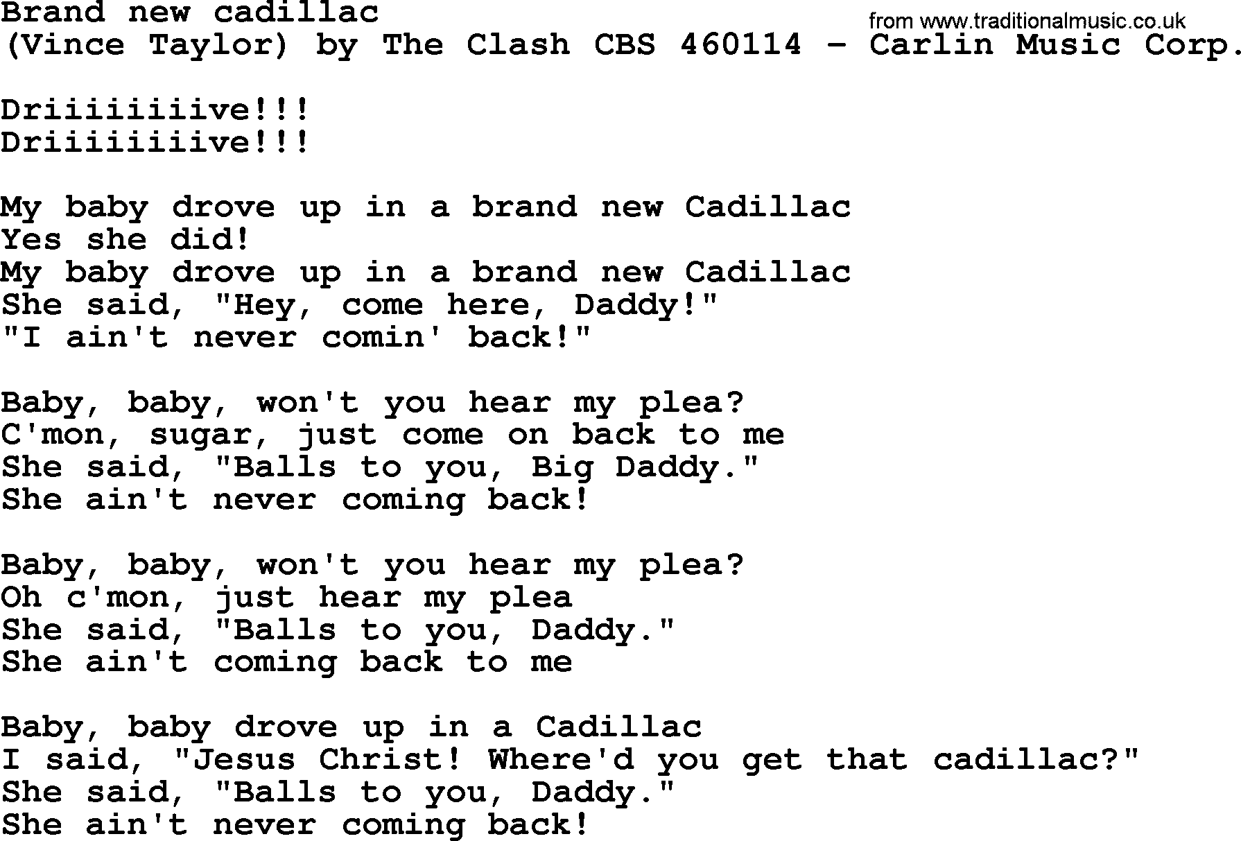 Bruce Springsteen song: Brand New Cadillac lyrics