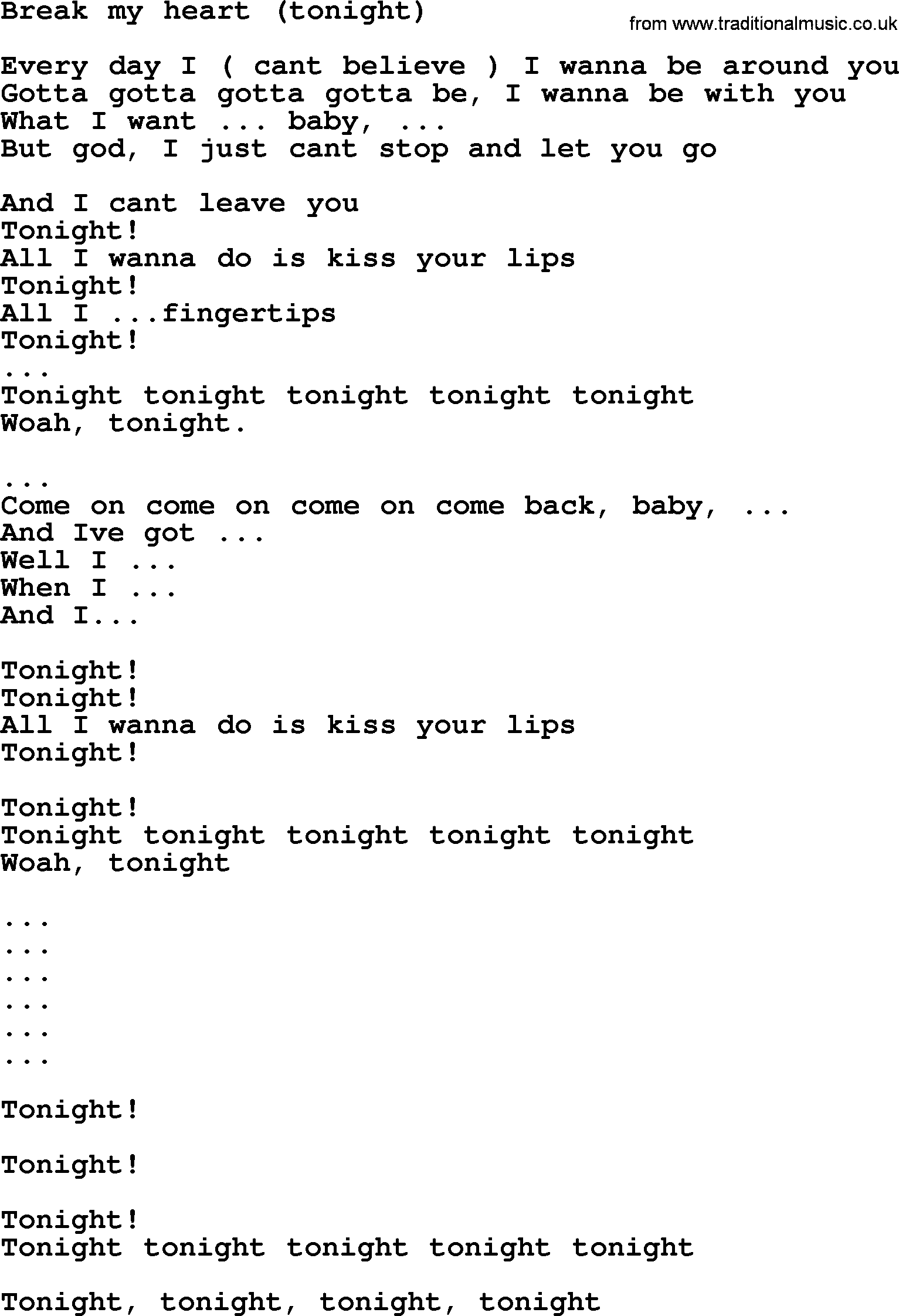 Bruce Springsteen song: Break My Heart(Tonight) lyrics