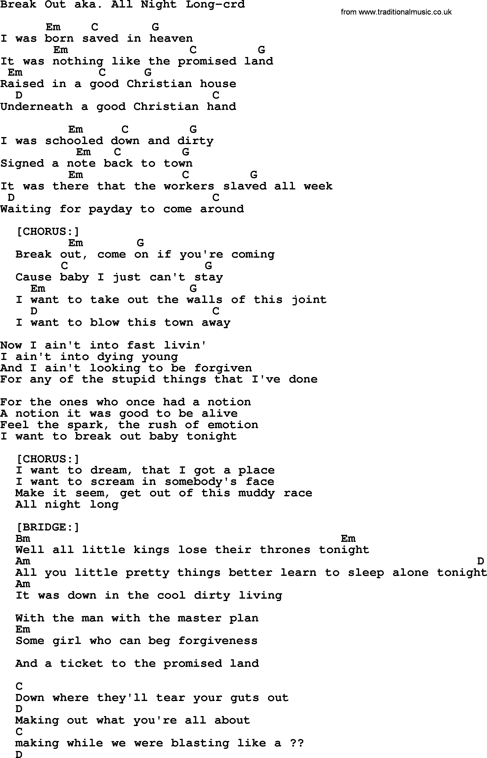 Bruce Springsteen song: Break Out Aka All Night Long, lyrics and chords