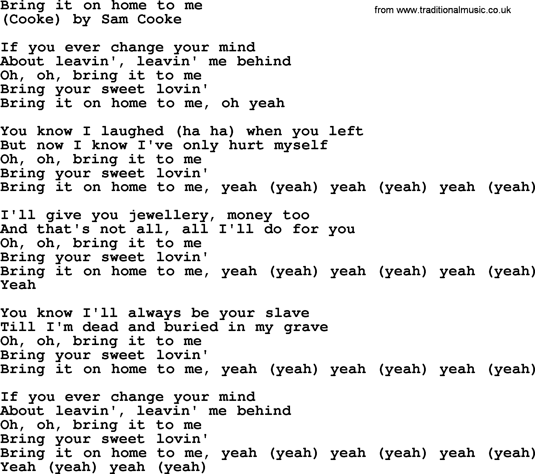 Bruce Springsteen song: Bring It On Home To Me lyrics