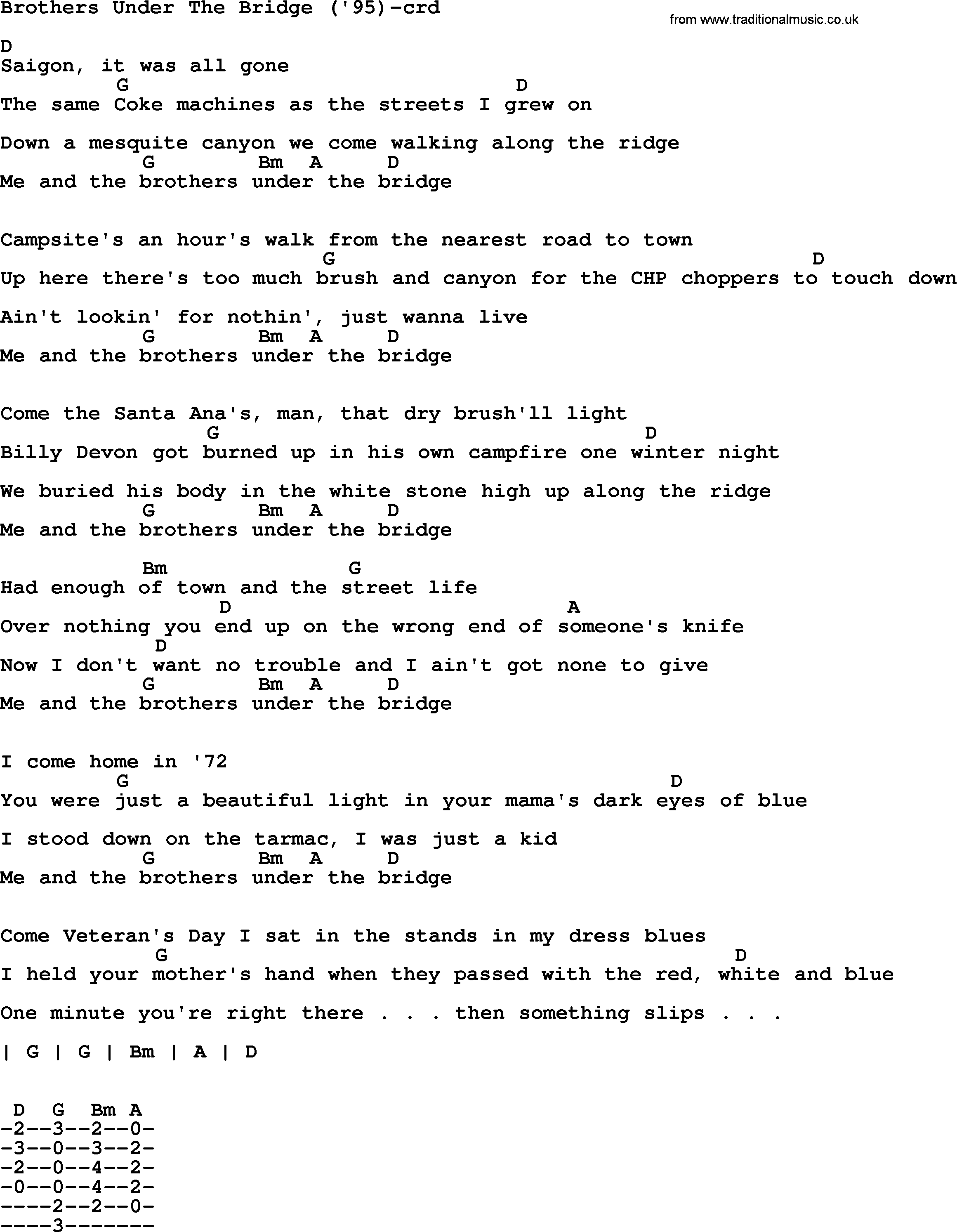 Bruce Springsteen song: Brothers Under The Bridge('95), lyrics and chords