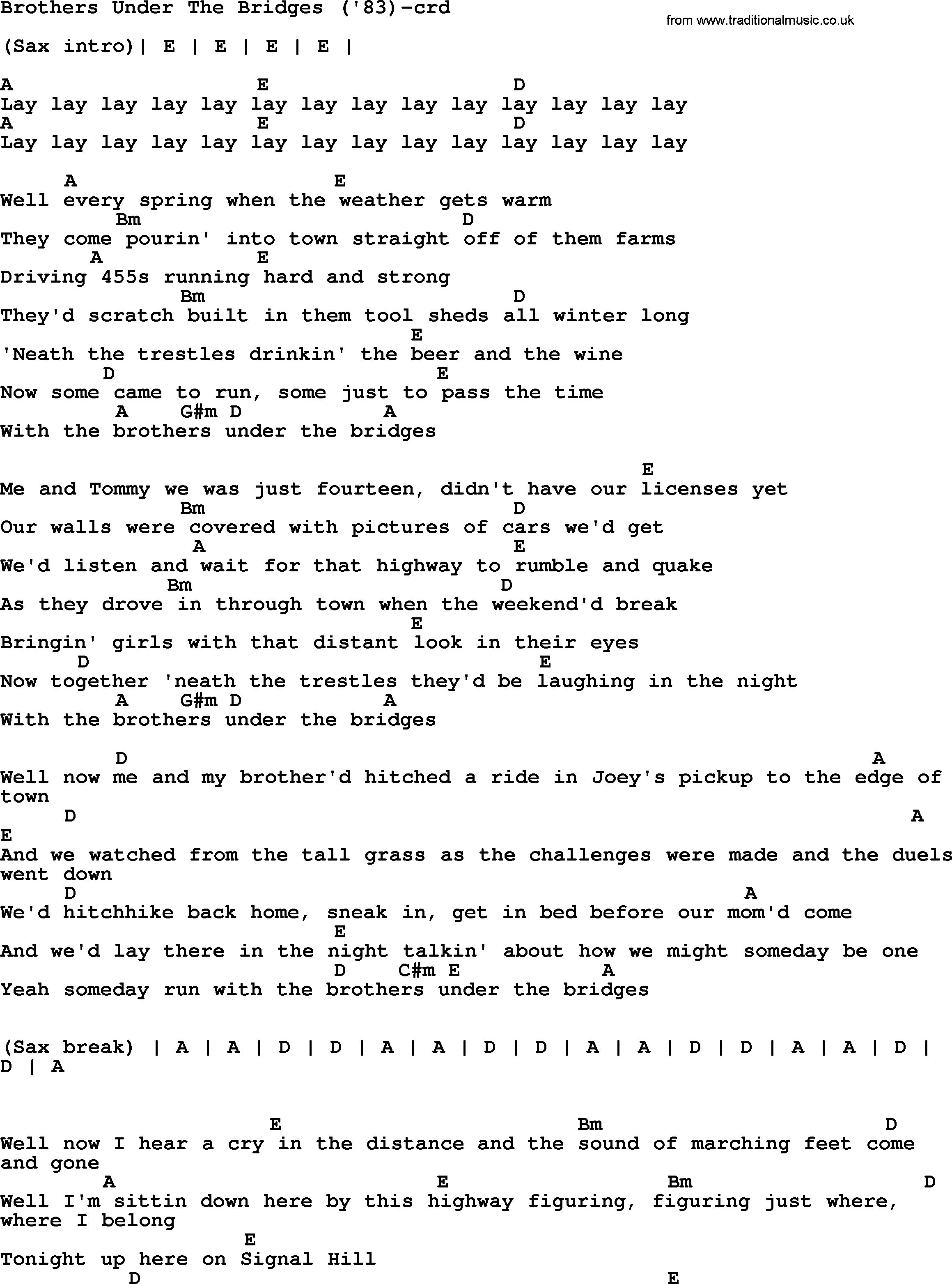Bruce Springsteen song: Brothers Under The Bridges('83), lyrics and chords