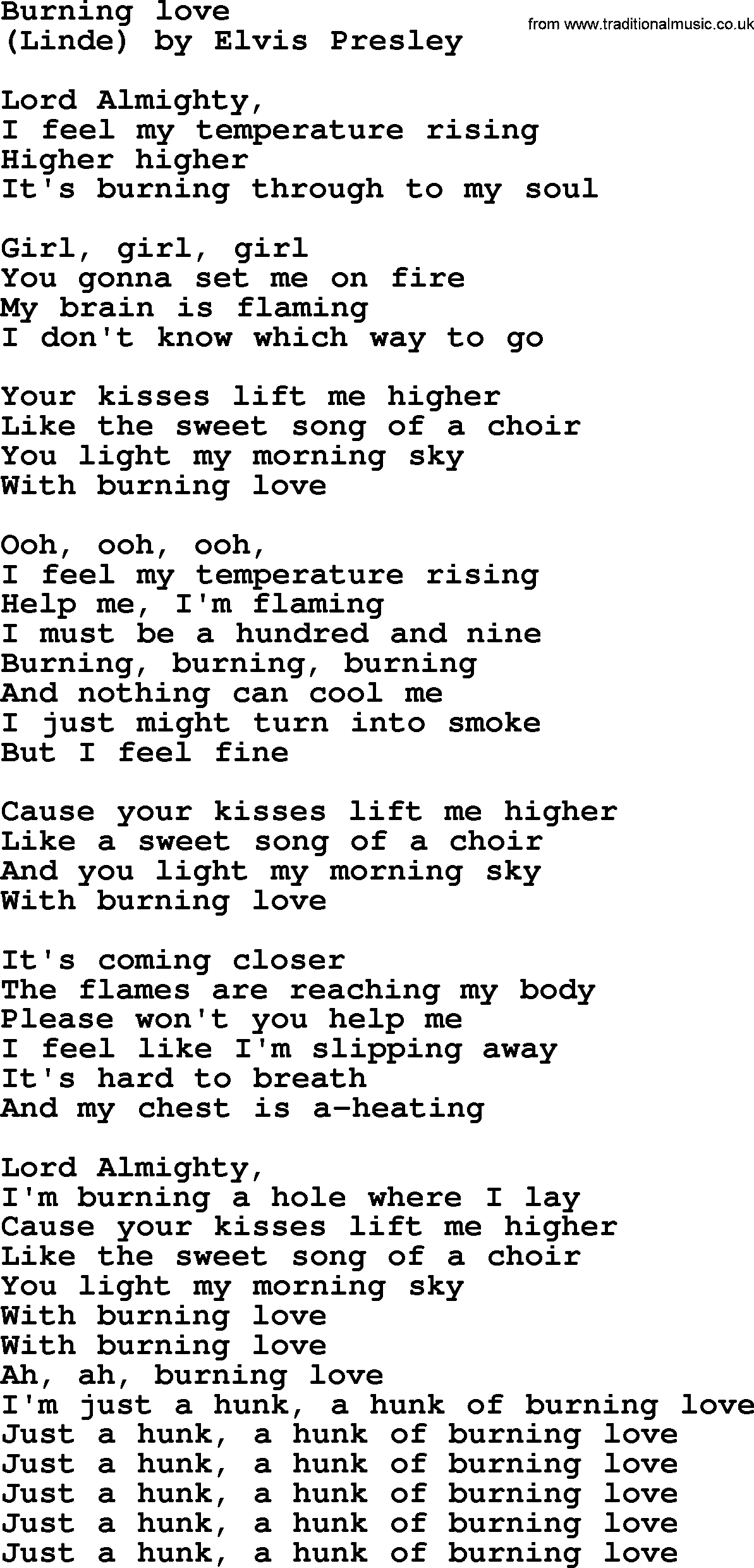 Bruce Springsteen song: Burning Love lyrics