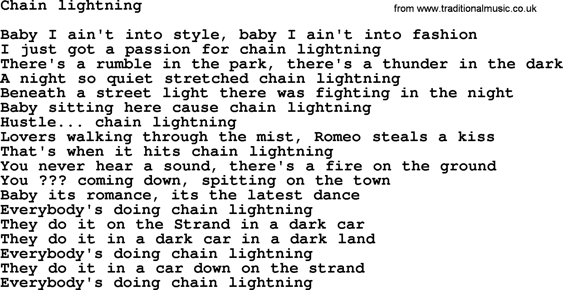 Bruce Springsteen song: Chain Lightning lyrics