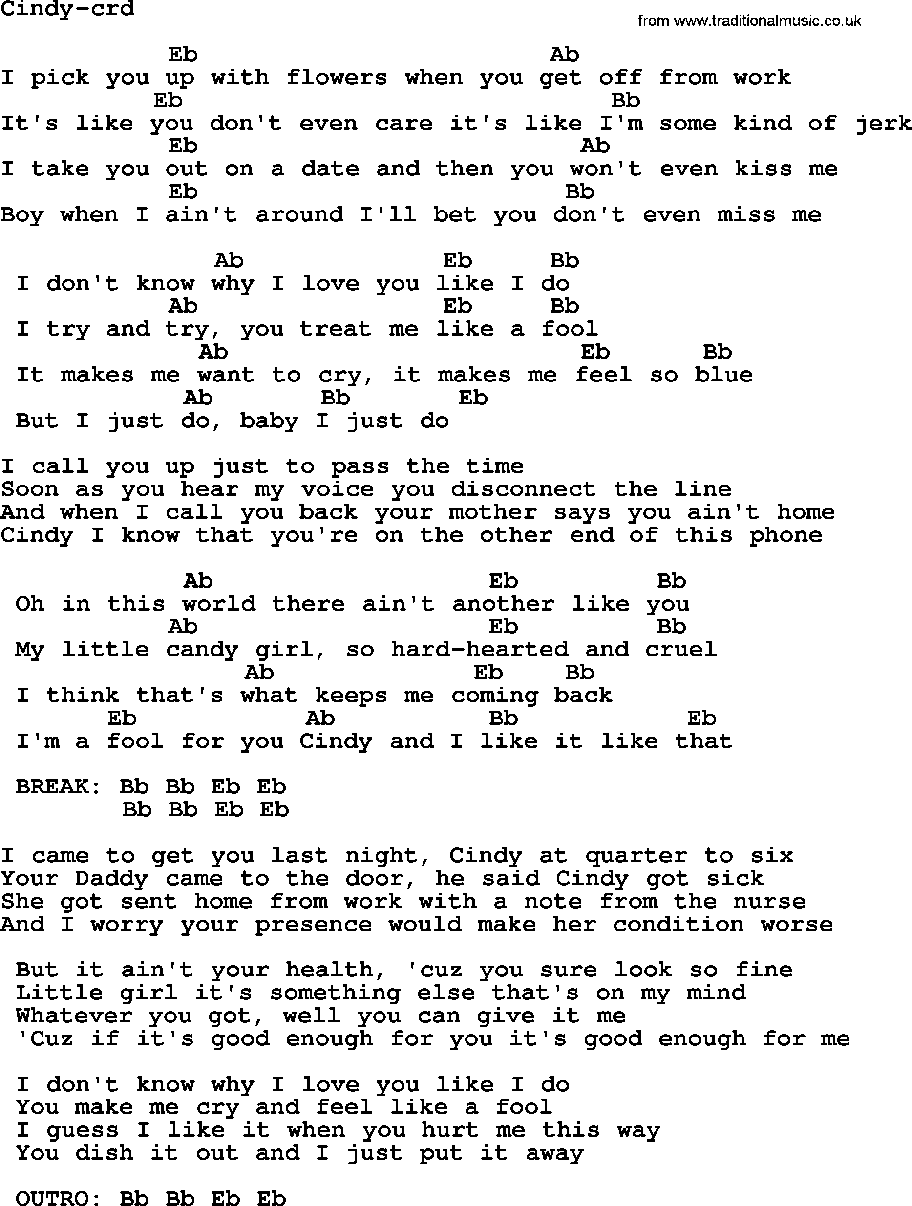 Bruce Springsteen song: Cindy, lyrics and chords