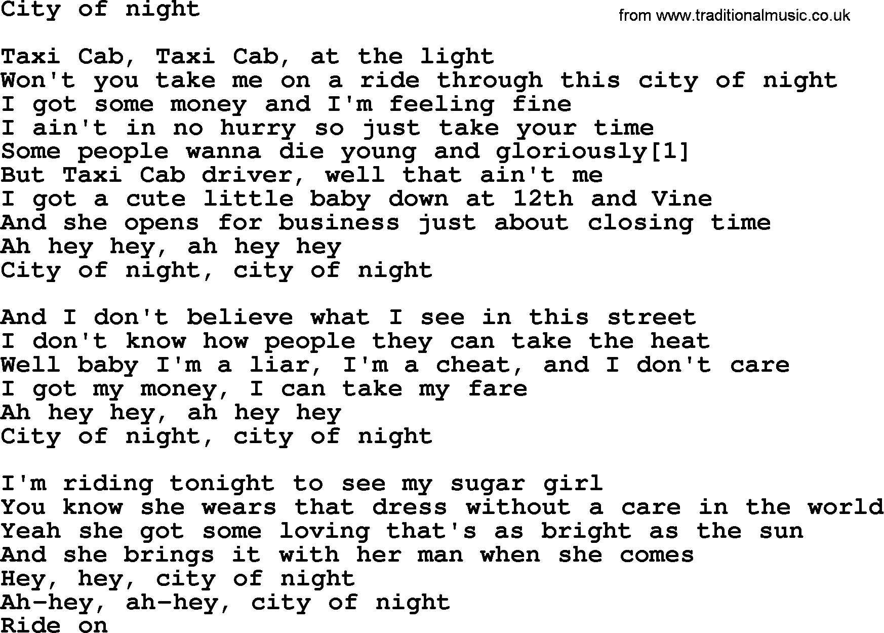 Bruce Springsteen song: City Of Night lyrics