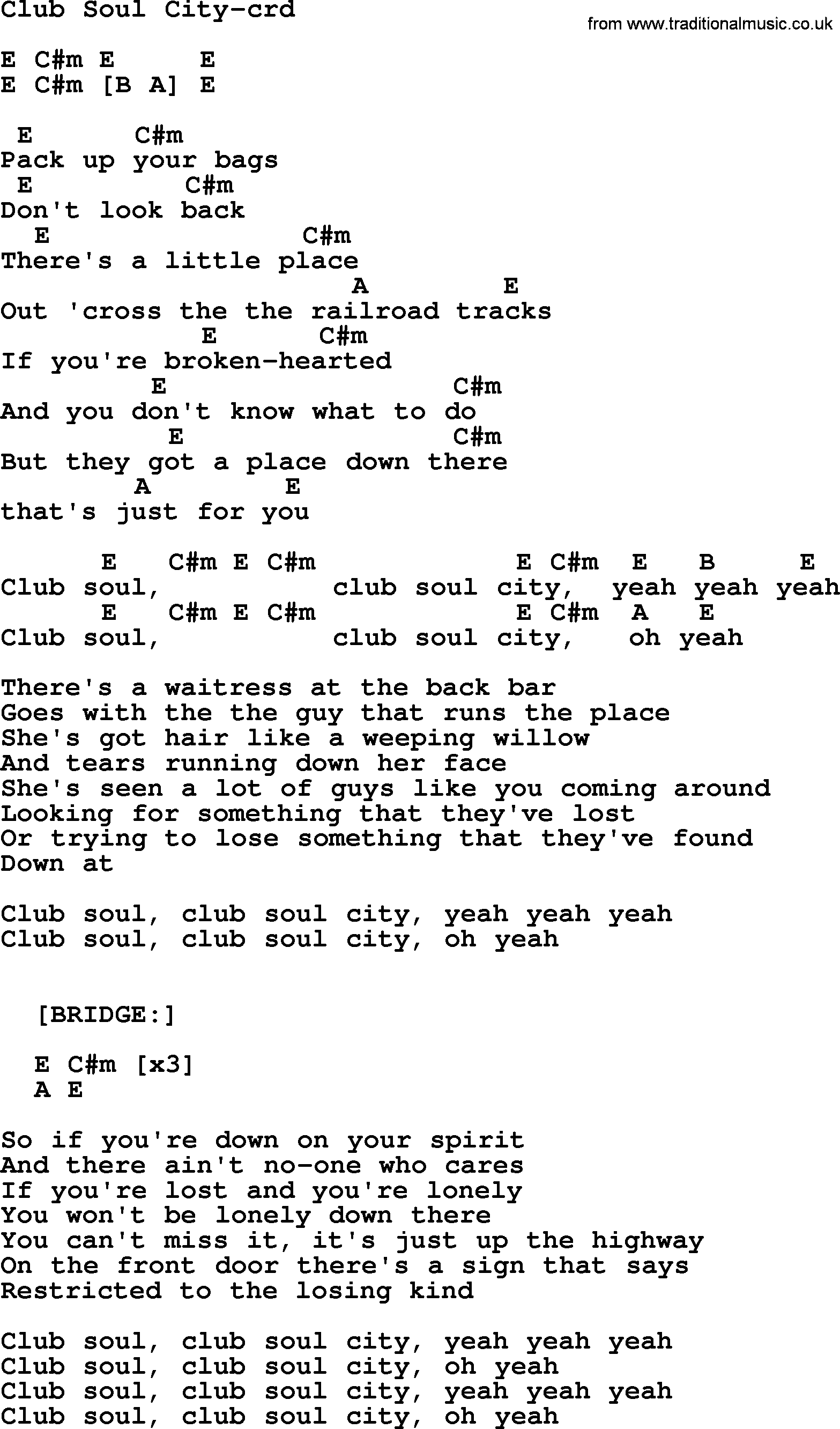 Bruce Springsteen song: Club Soul City, lyrics and chords