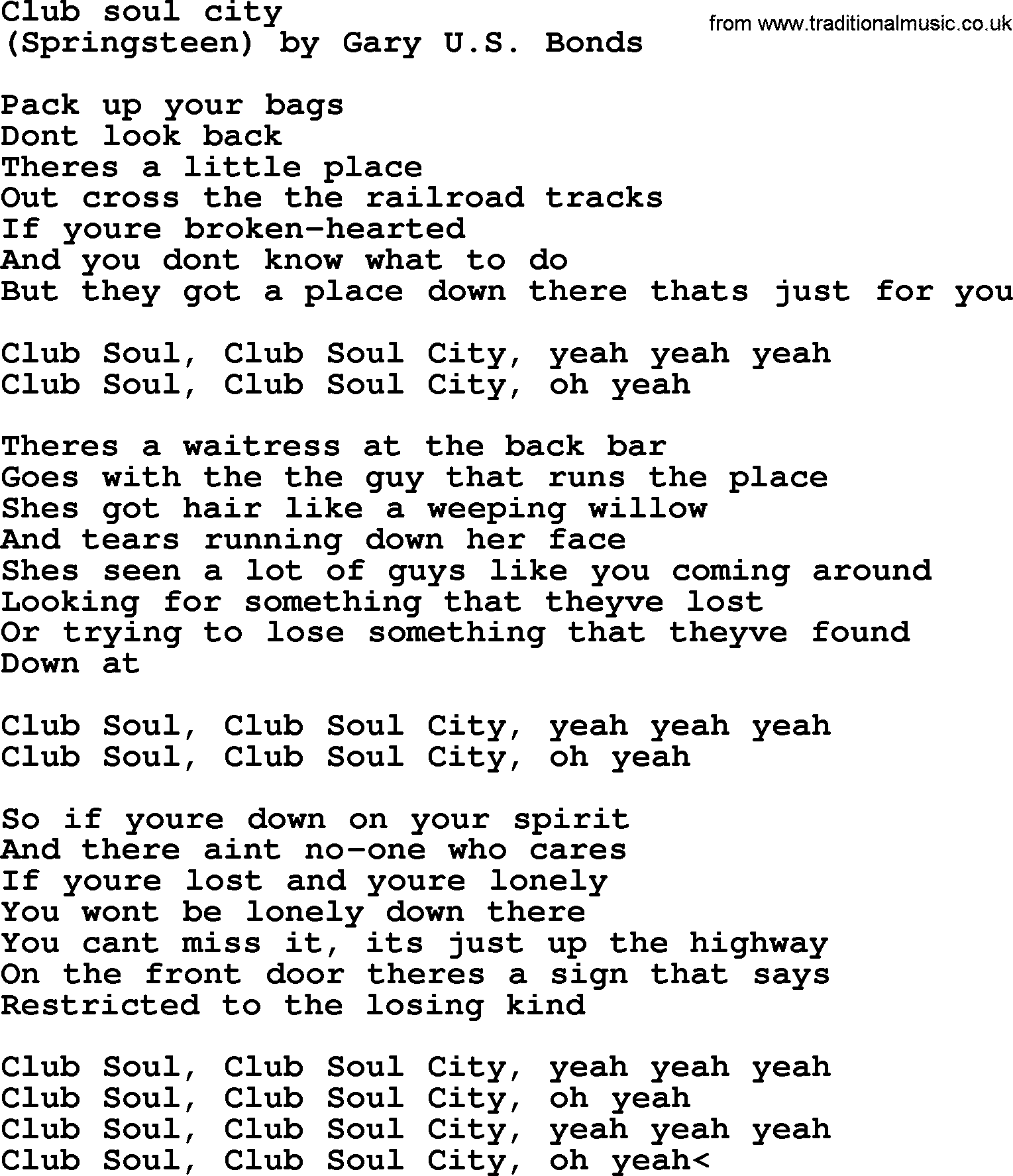 Bruce Springsteen song: Club Soul City lyrics