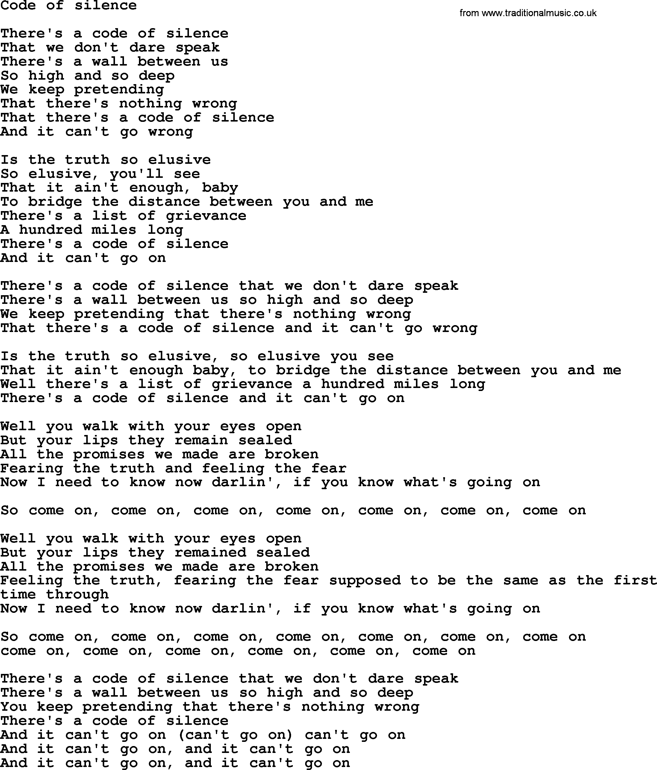 Bruce Springsteen song: Code Of Silence lyrics