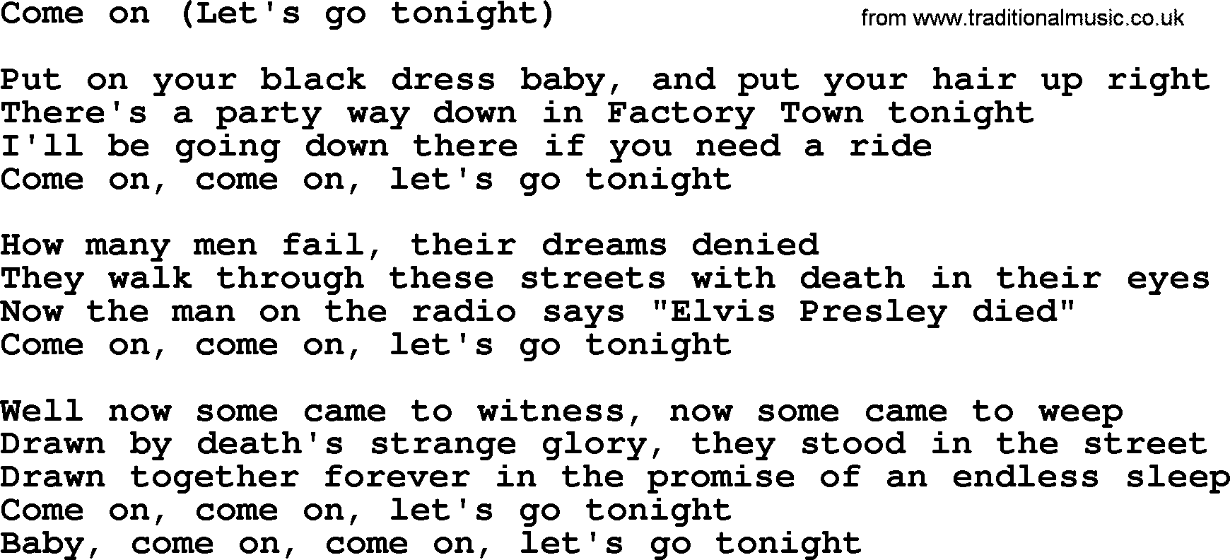 Bruce Springsteen song: Come On(Let's Go Tonight) lyrics