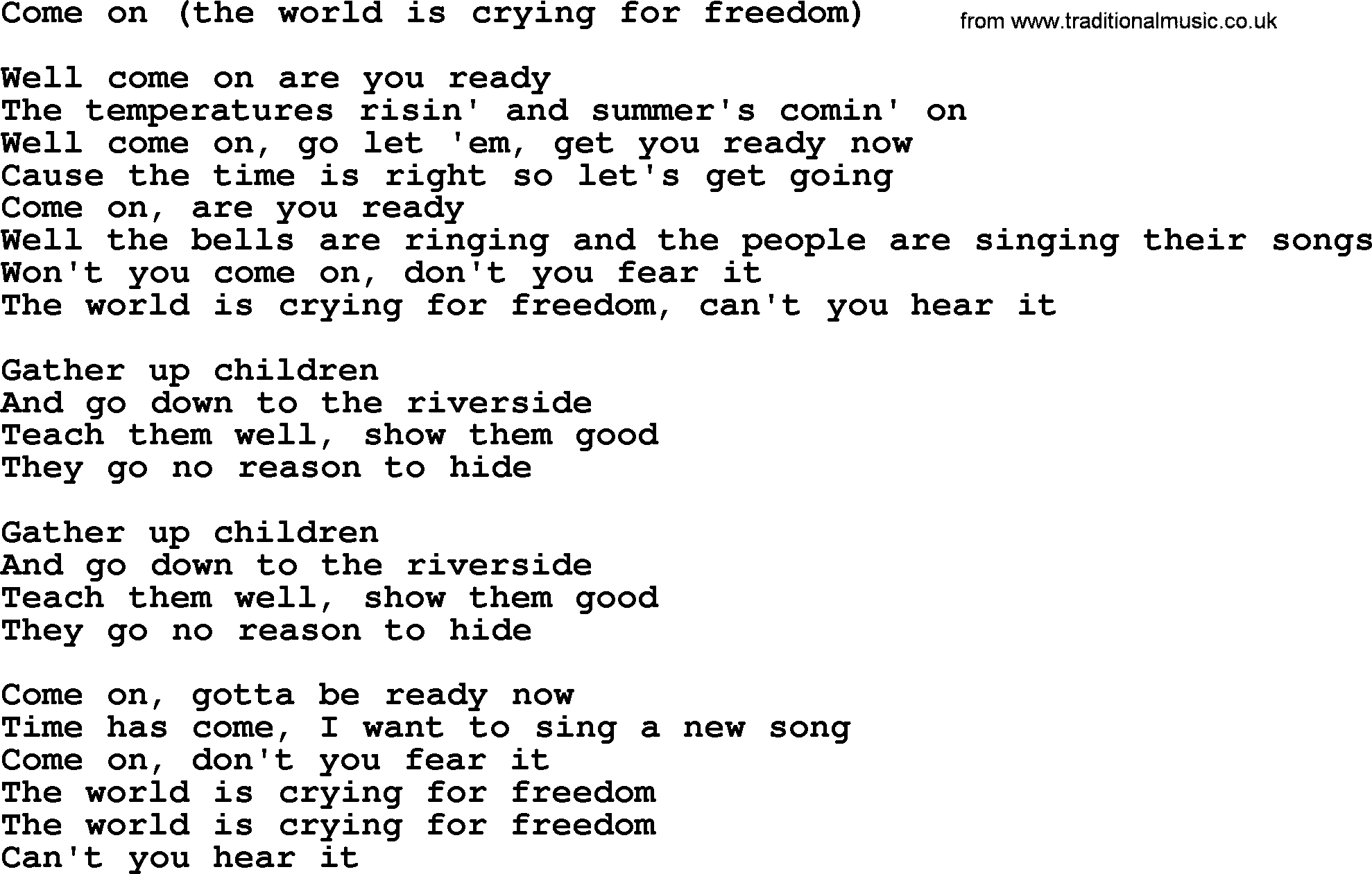Bruce Springsteen song: Come On(The World Is Crying For Freedom) lyrics