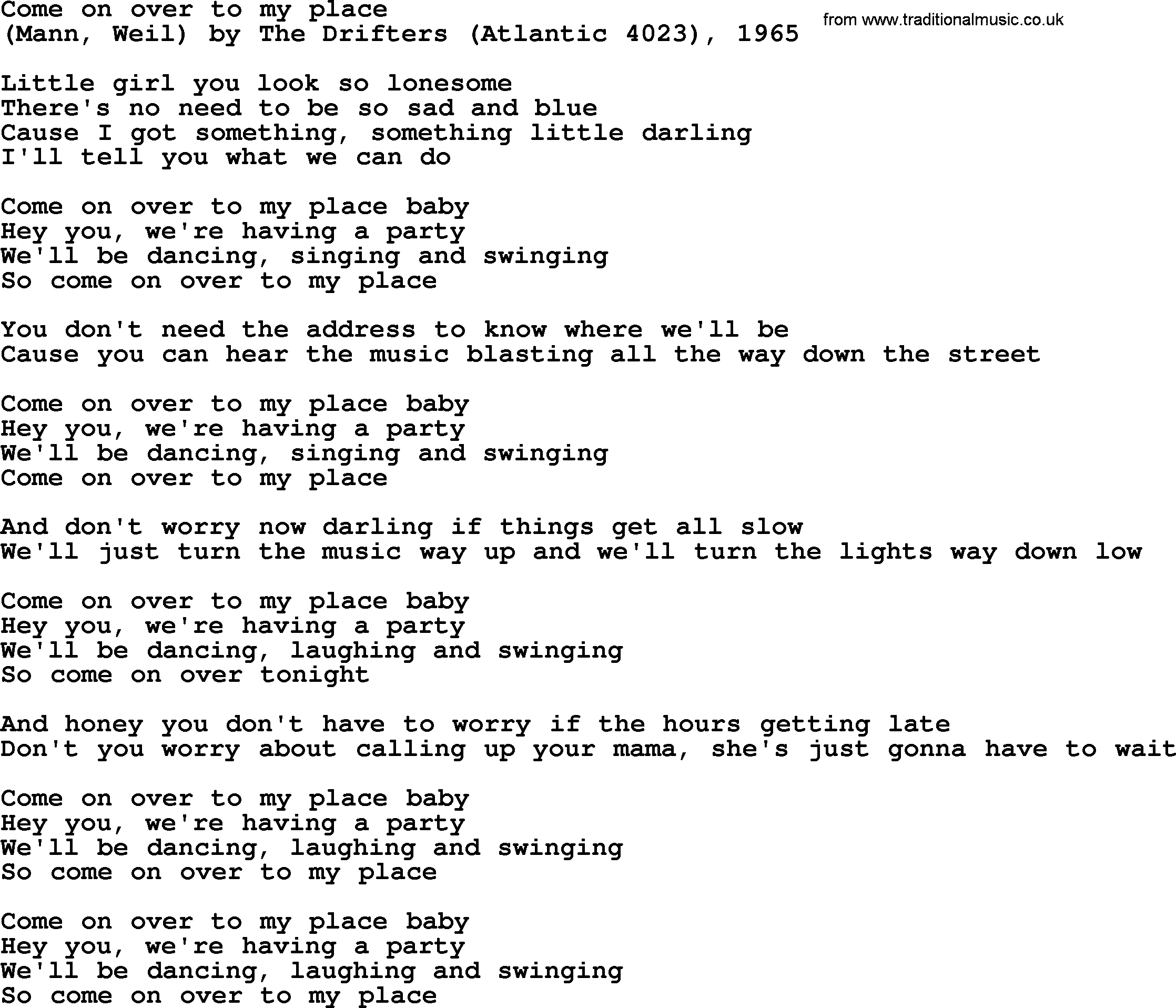 Bruce Springsteen song: Come On Over To My Place lyrics
