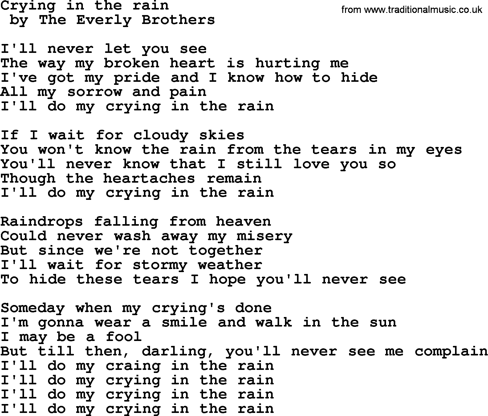 Bruce Springsteen song: Crying In The Rain lyrics