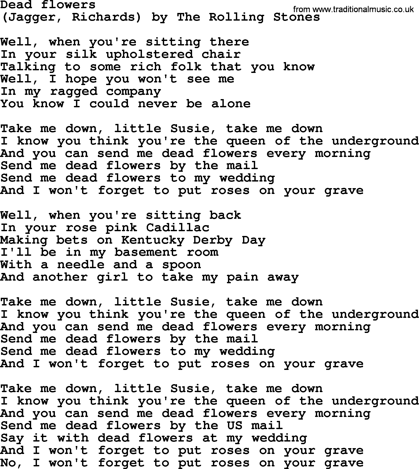 Bruce Springsteen song: Dead Flowers lyrics