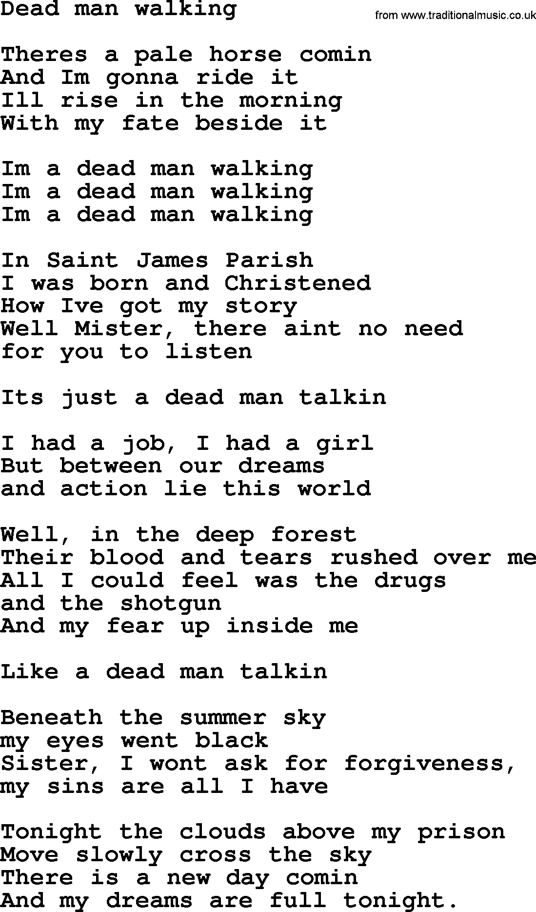 Bruce Springsteen song: Dead Man Walking lyrics