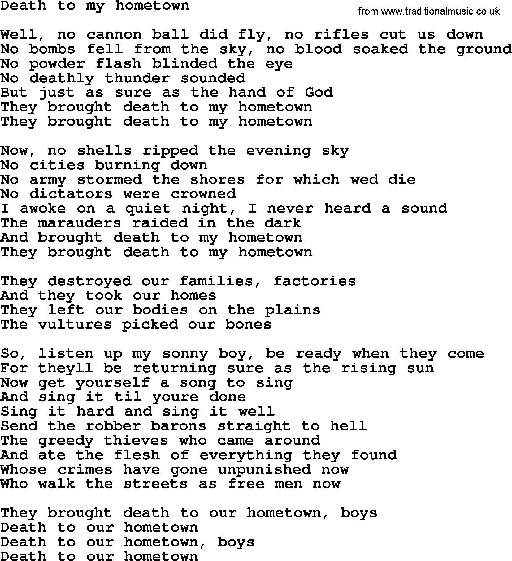 Bruce Springsteen song: Death To My Hometown lyrics