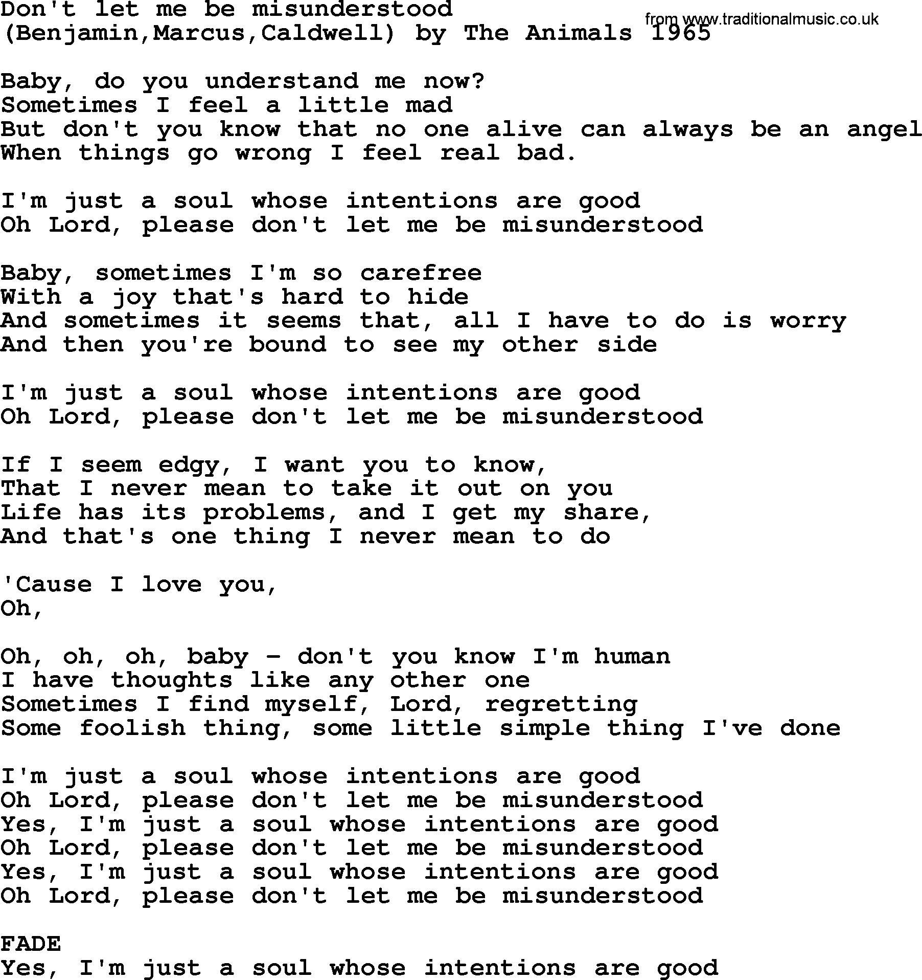 Bruce Springsteen song: Don't Let Me Be Misunderstood lyrics