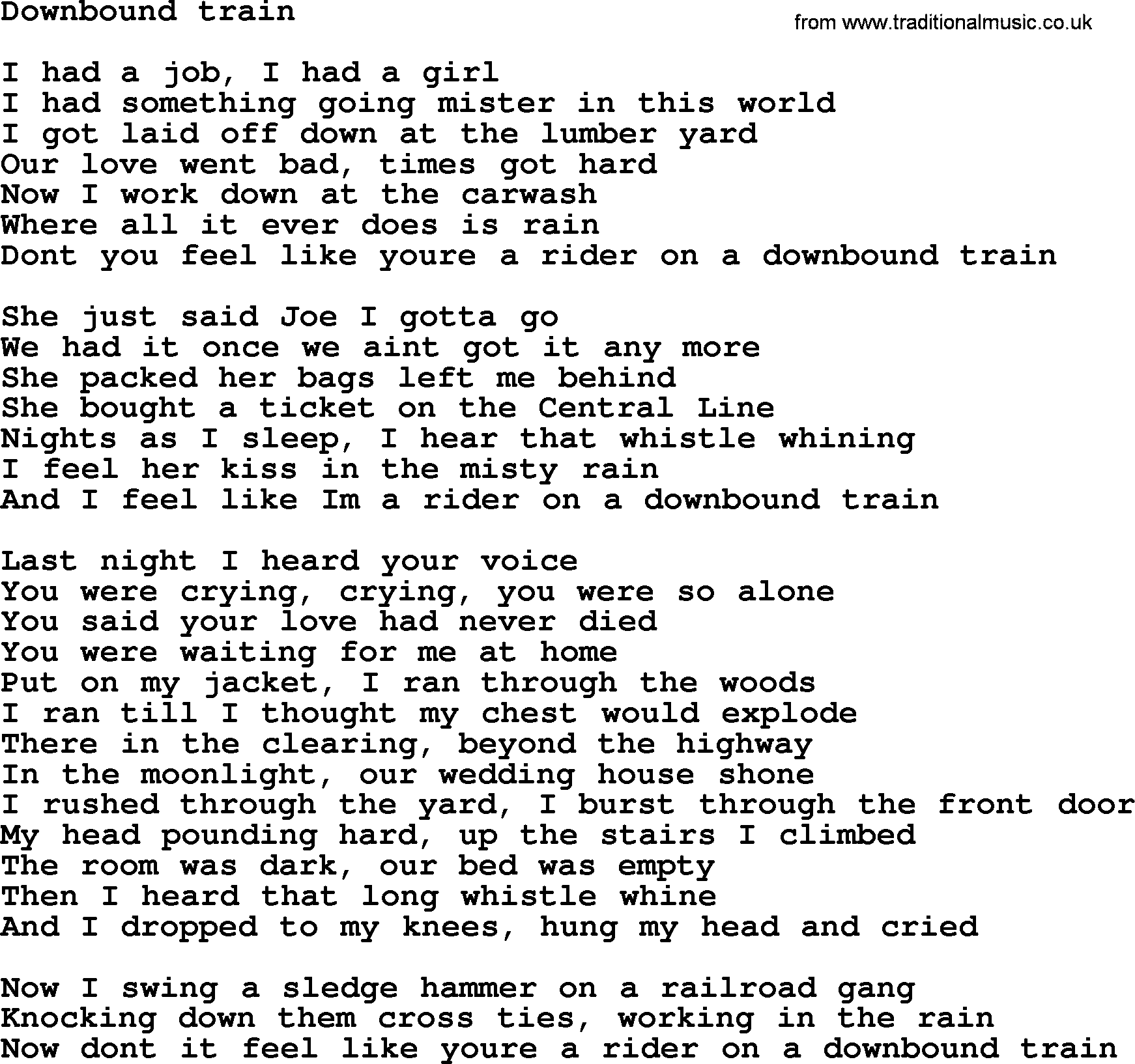 Bruce Springsteen song: Downbound Train lyrics