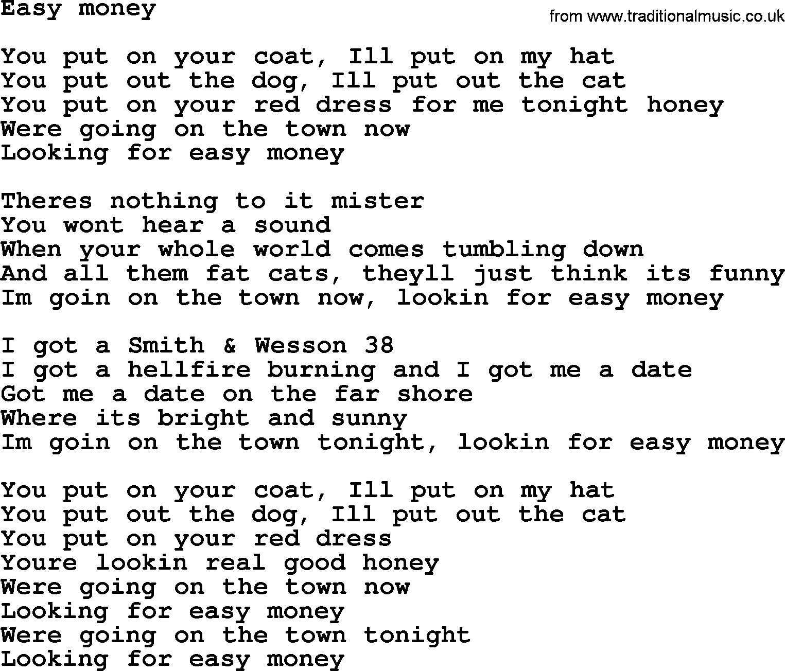 Bruce Springsteen song: Easy Money lyrics