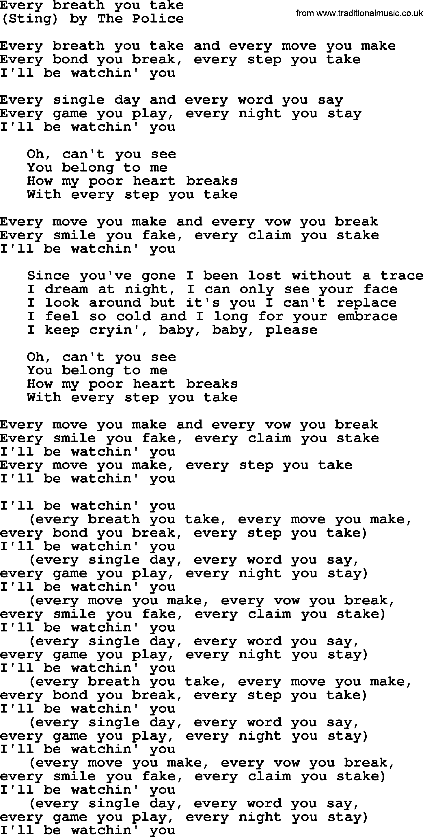 Bruce Springsteen song: Every Breath You Take lyrics