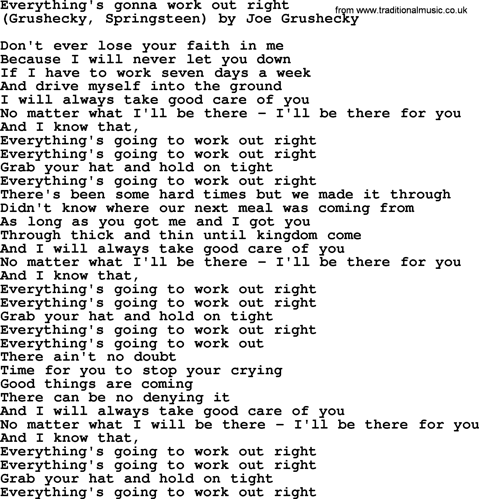 Bruce Springsteen song: Everything's Gonna Work Out Right lyrics