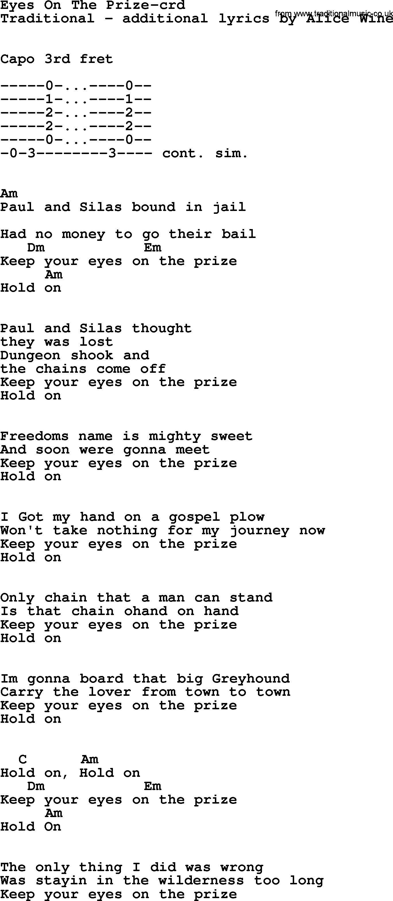 Bruce Springsteen song: Eyes On The Prize, lyrics and chords