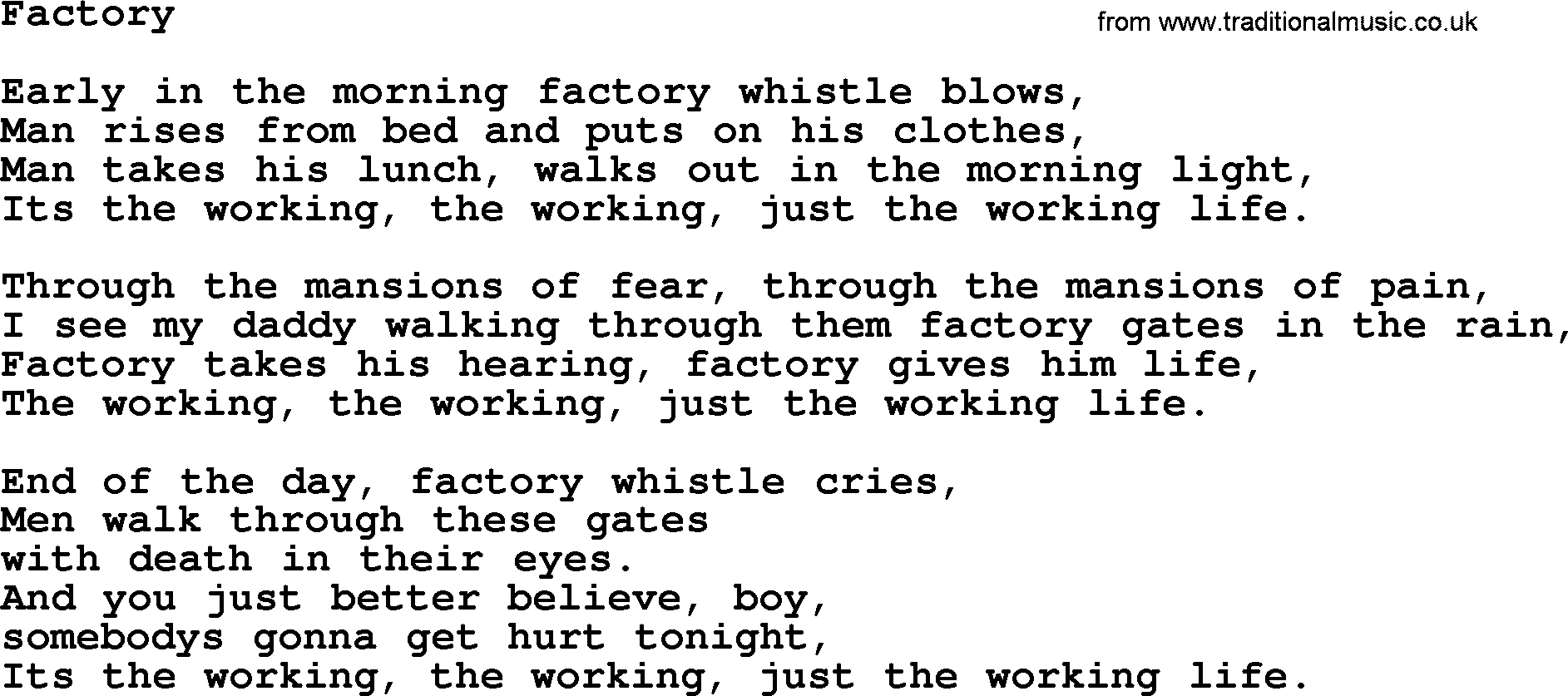 Bruce Springsteen song: Factory lyrics