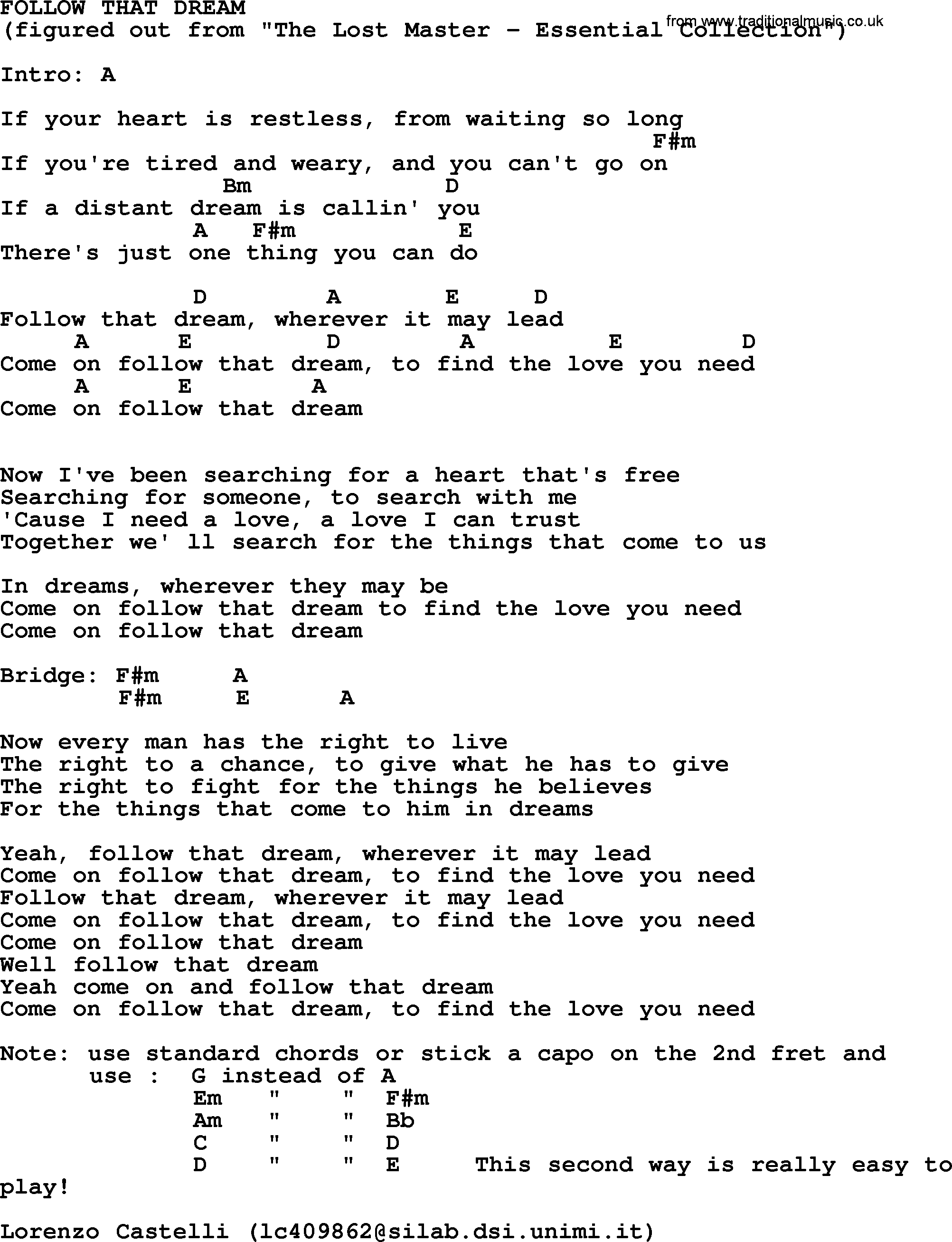 Bruce Springsteen song: Follow That Dream, lyrics and chords