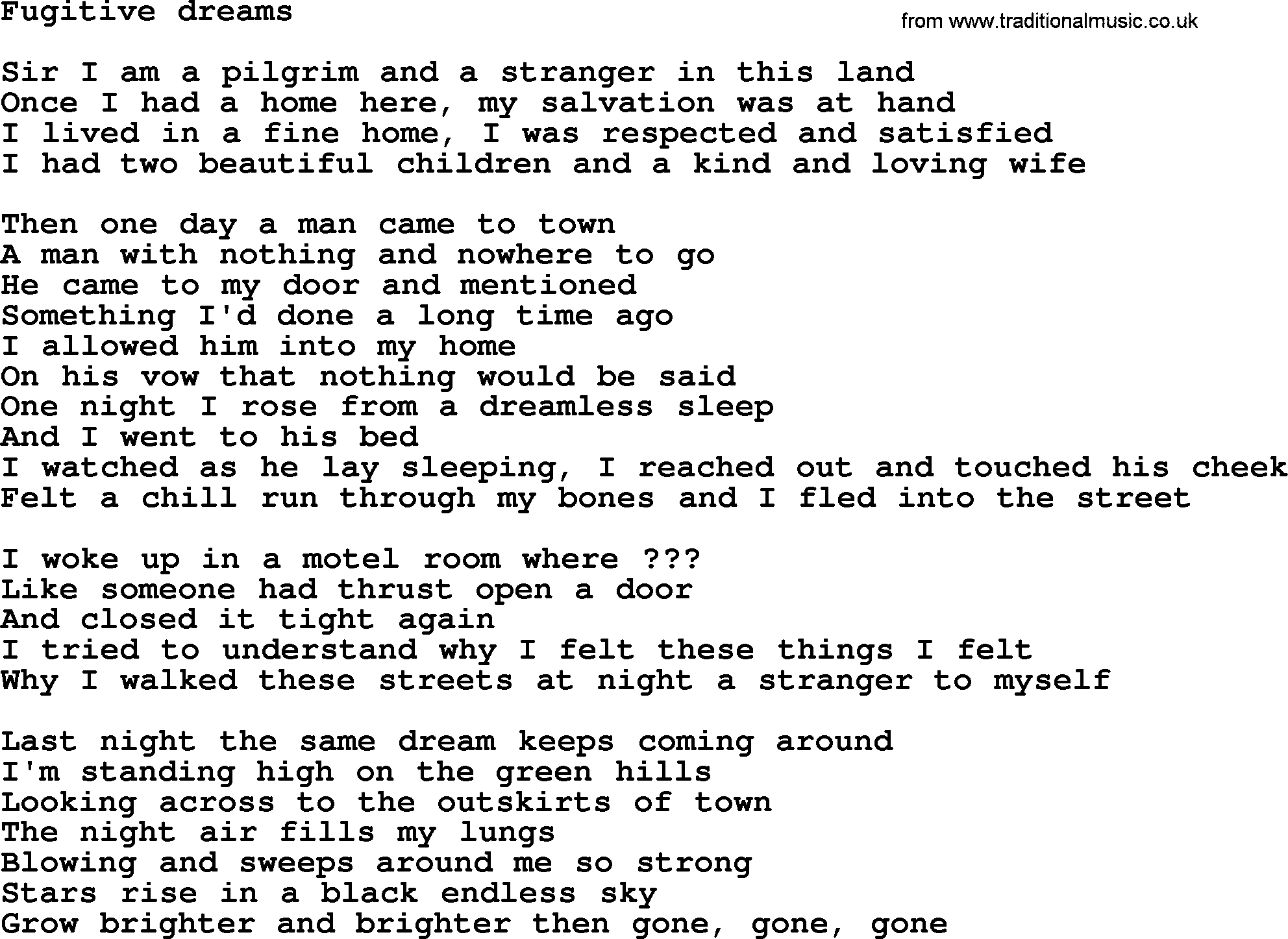 Bruce Springsteen song: Fugitive Dreams lyrics