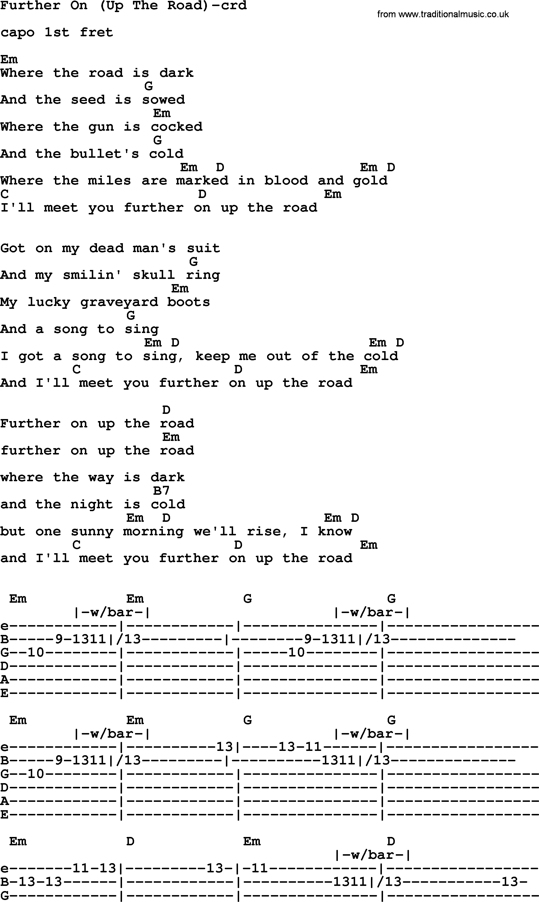 Bruce Springsteen song: Further On(Up The Road), lyrics and chords