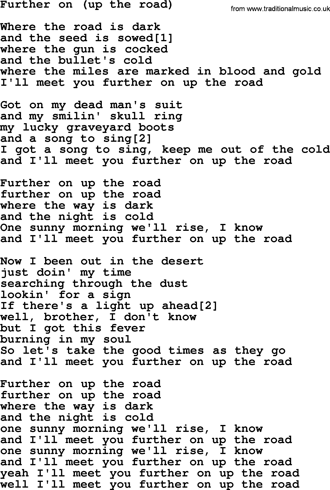 Bruce Springsteen song: Further On(Up The Road) lyrics