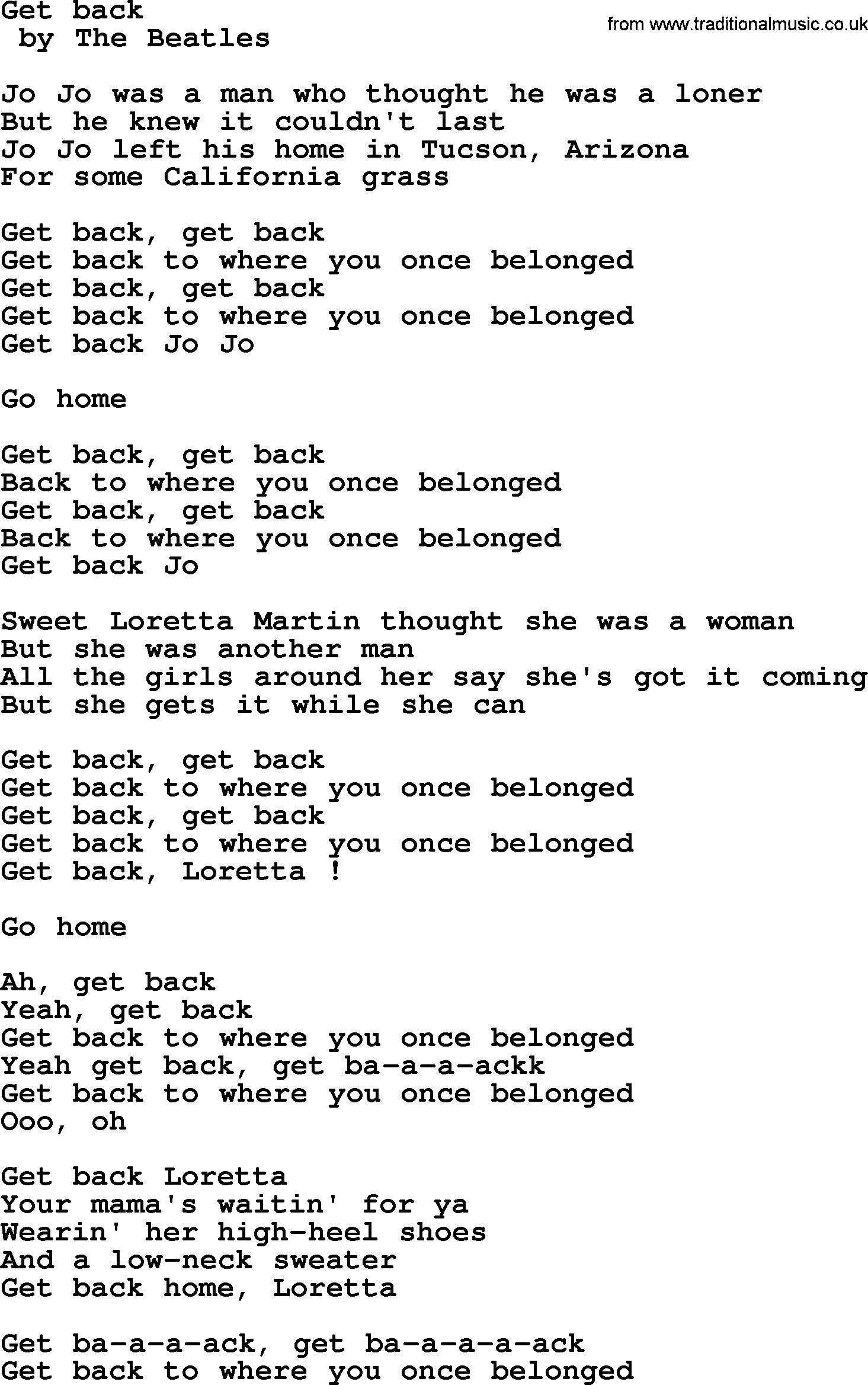 Bruce Springsteen song: Get Back lyrics
