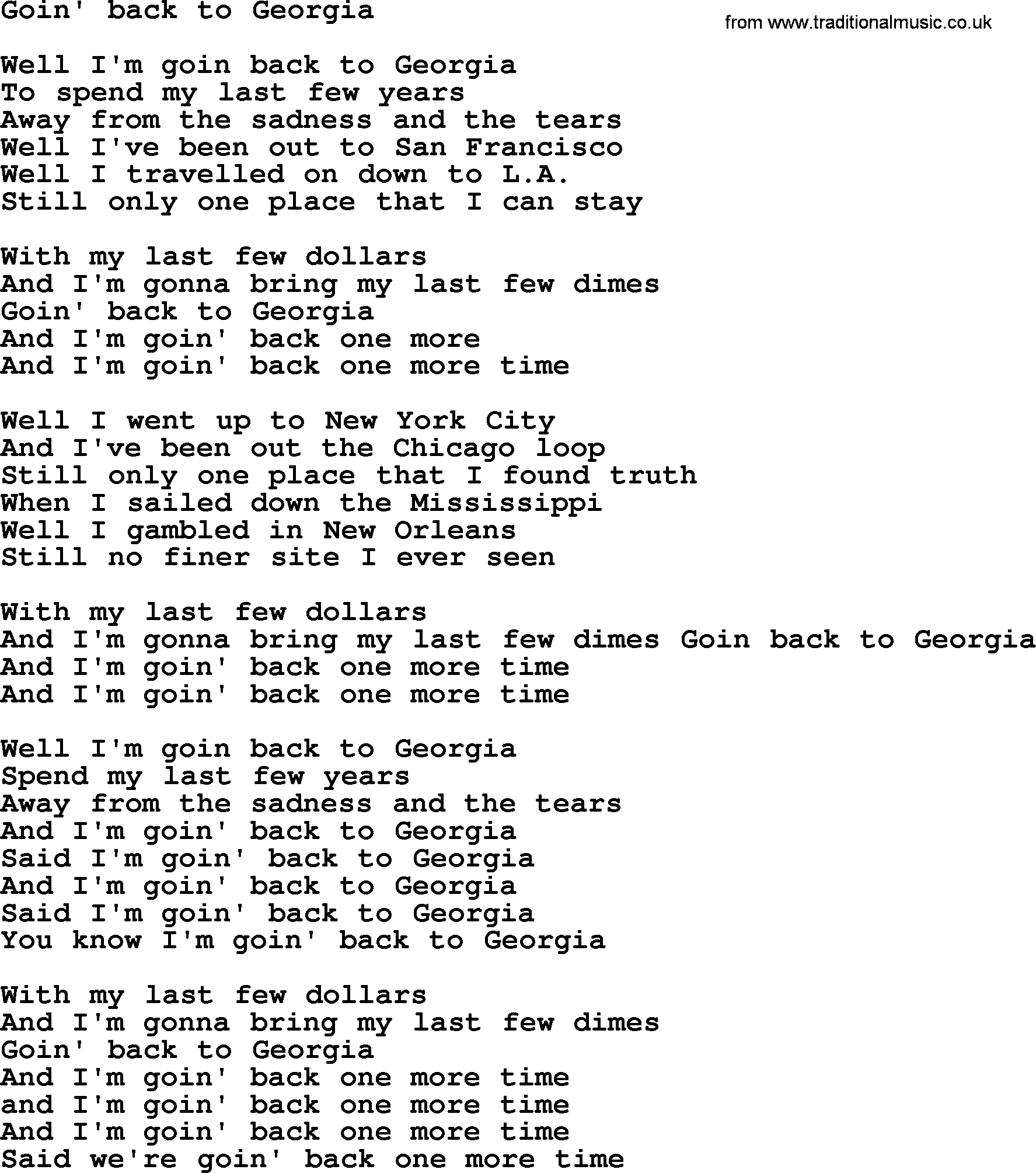 Bruce Springsteen song: Goin' Back To Georgia lyrics