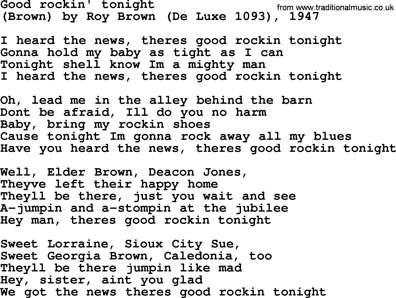 Bruce Springsteen song: Good Rockin' Tonight lyrics