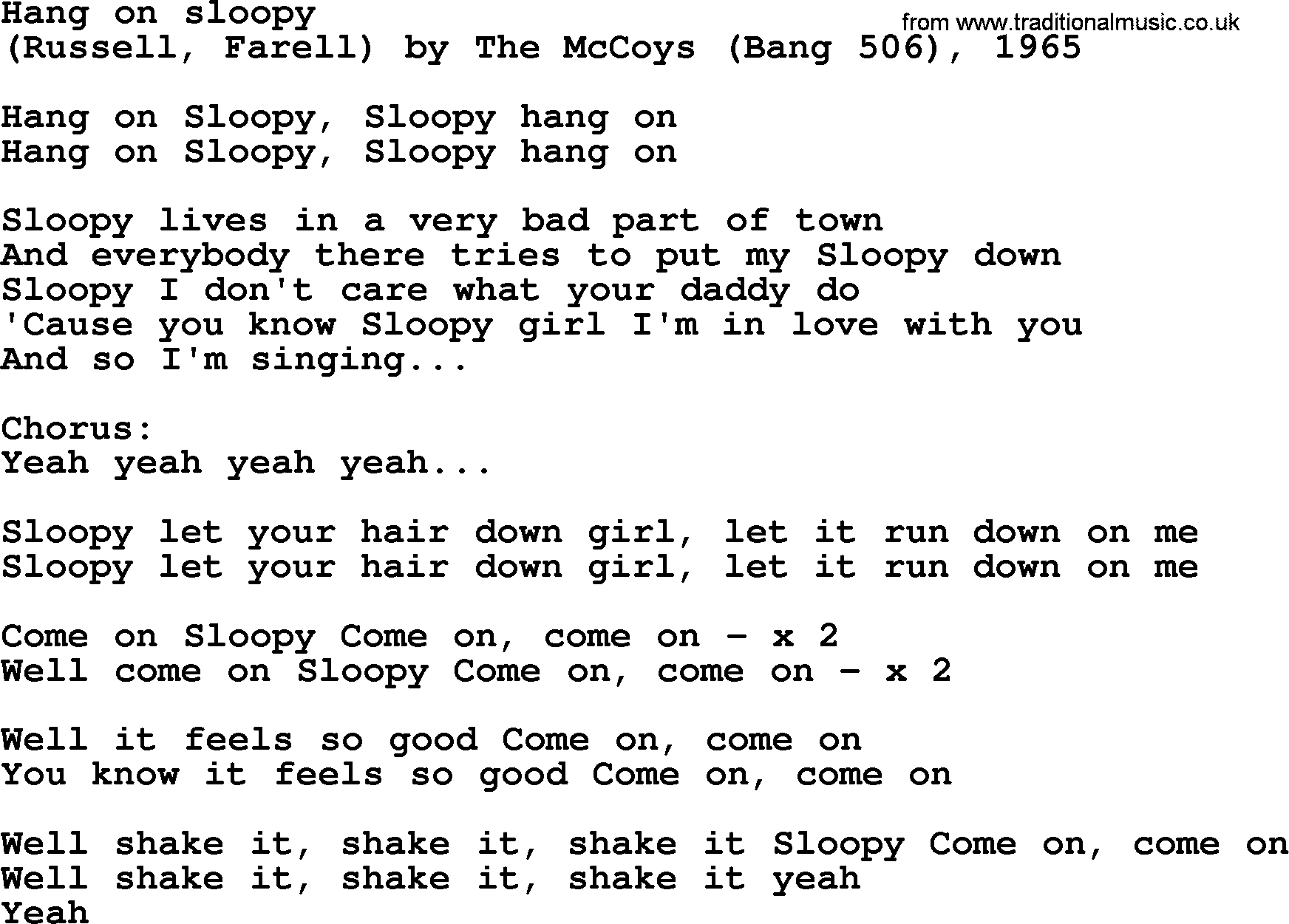 Bruce Springsteen song: Hang On Sloopy lyrics