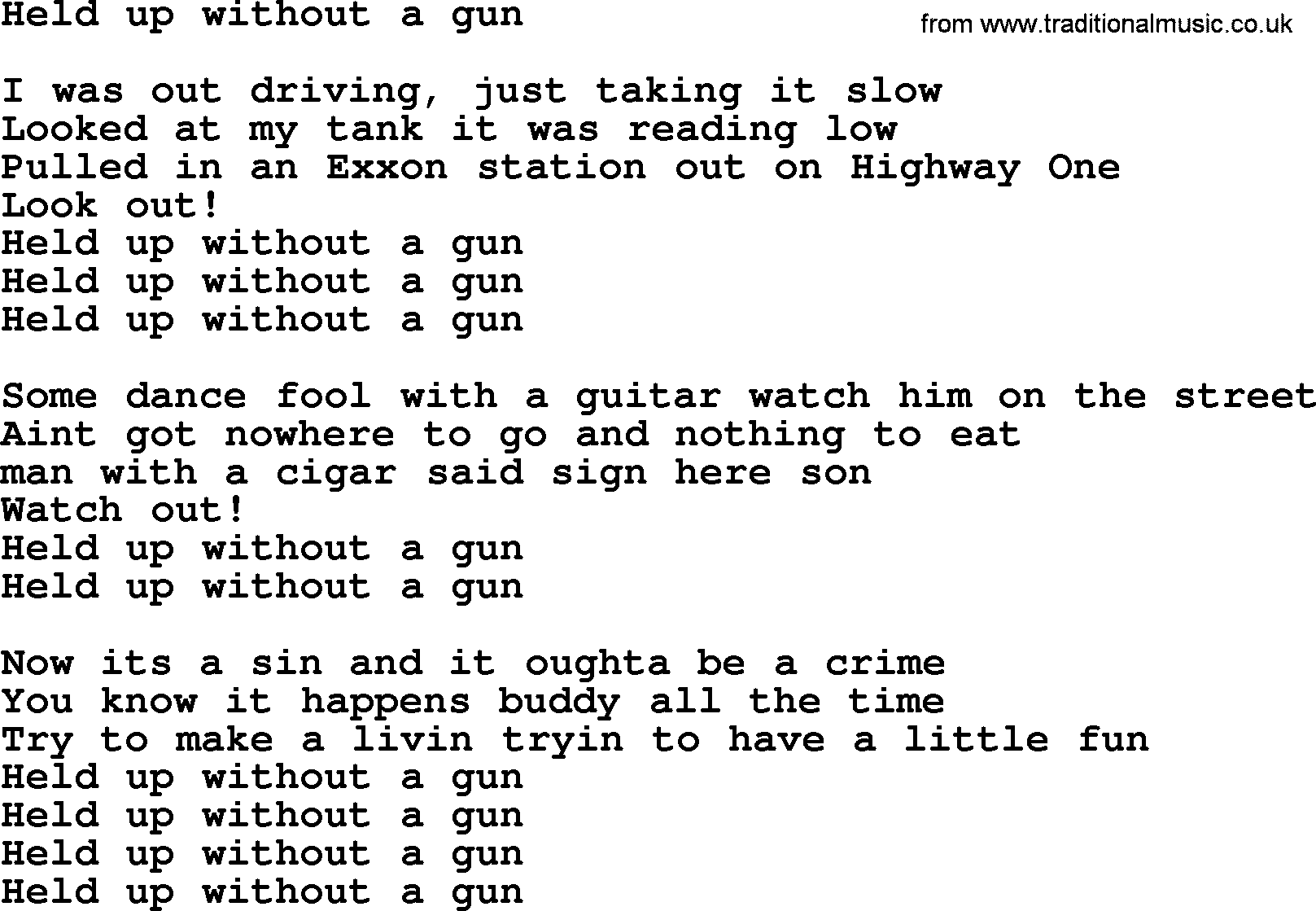 Bruce Springsteen song: Held Up Without A Gun lyrics