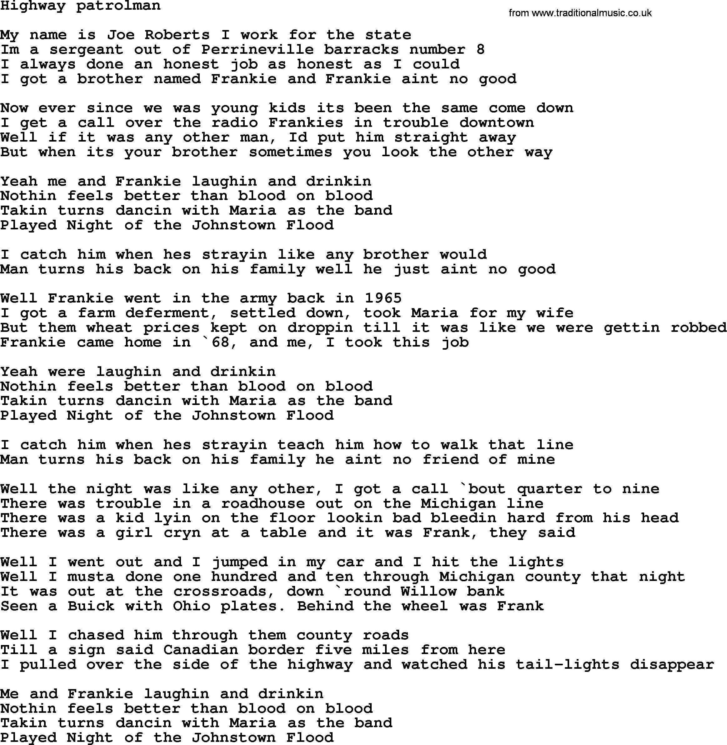 Bruce Springsteen song: Highway Patrolman lyrics