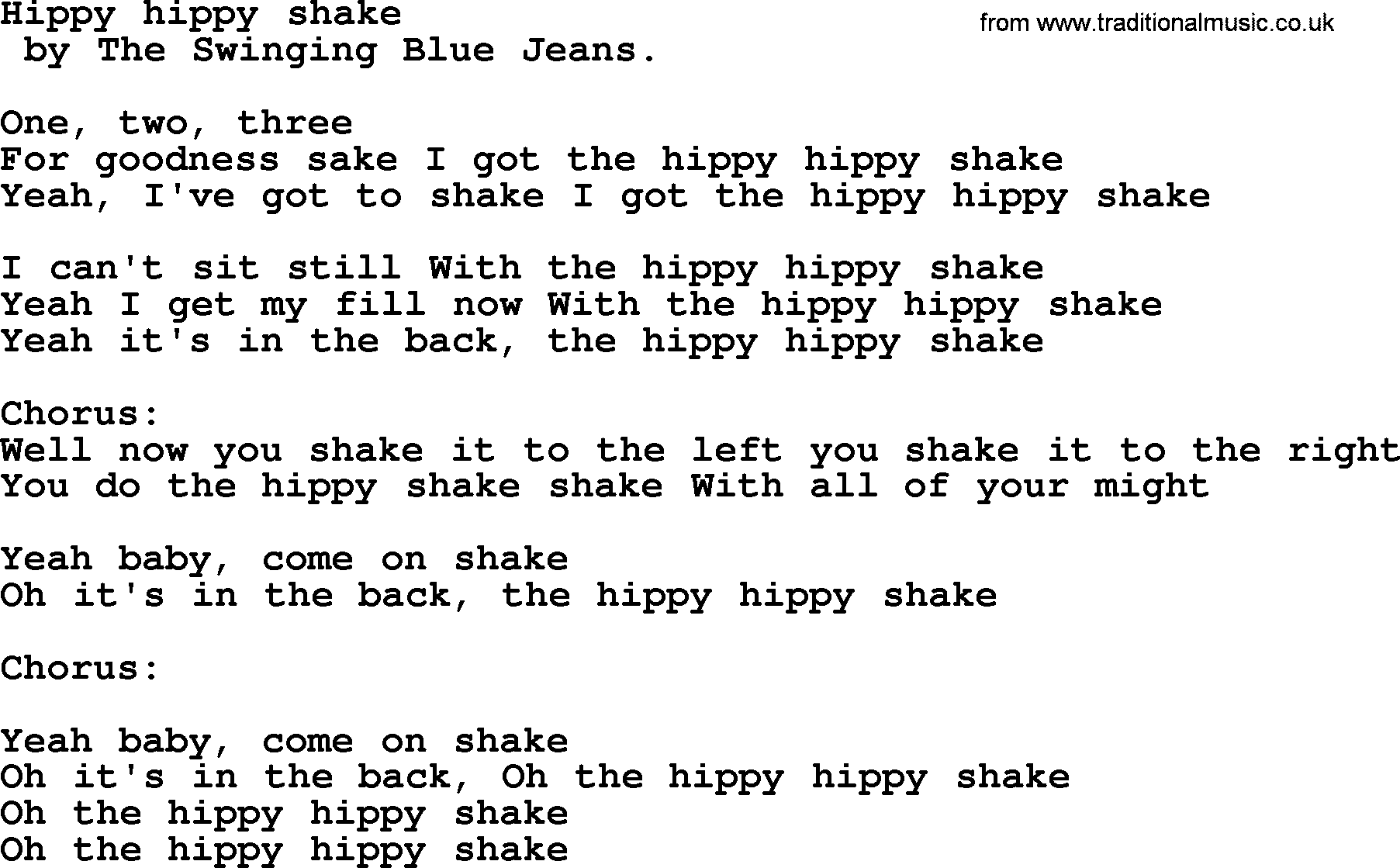 Bruce Springsteen song: Hippy Hippy Shake lyrics