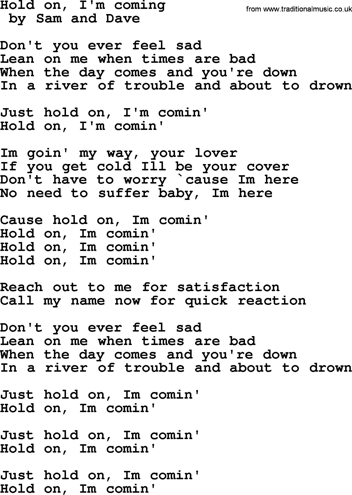Bruce Springsteen song: Hold On, I'm Coming lyrics
