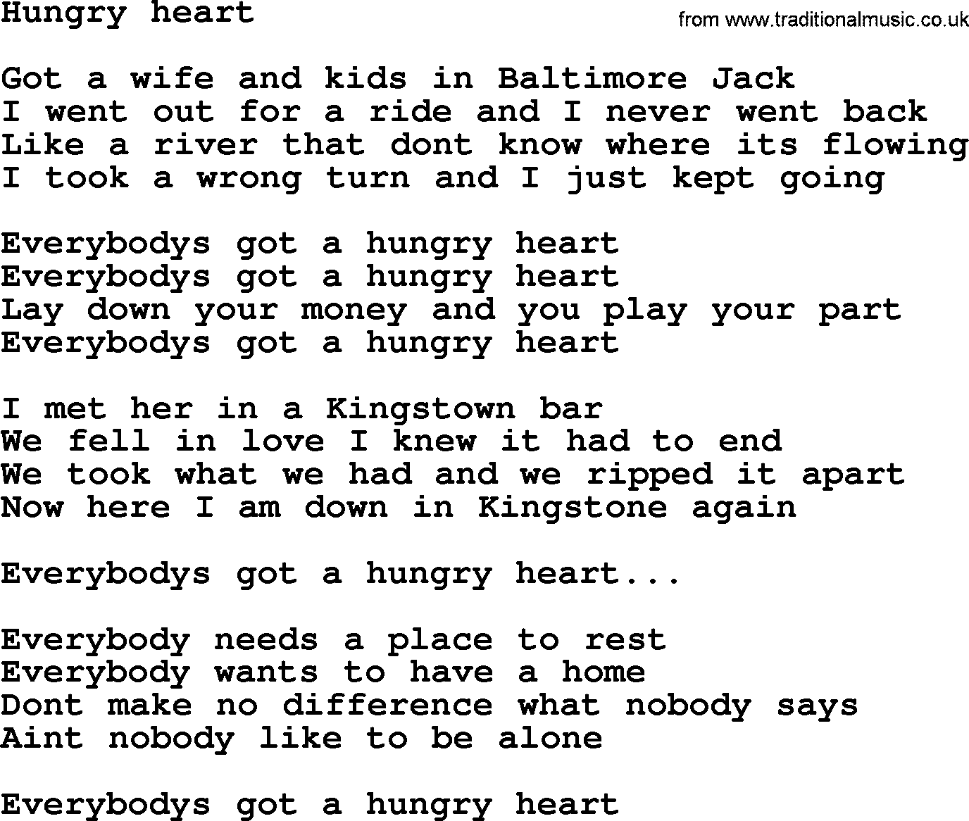 Bruce Springsteen song: Hungry Heart lyrics