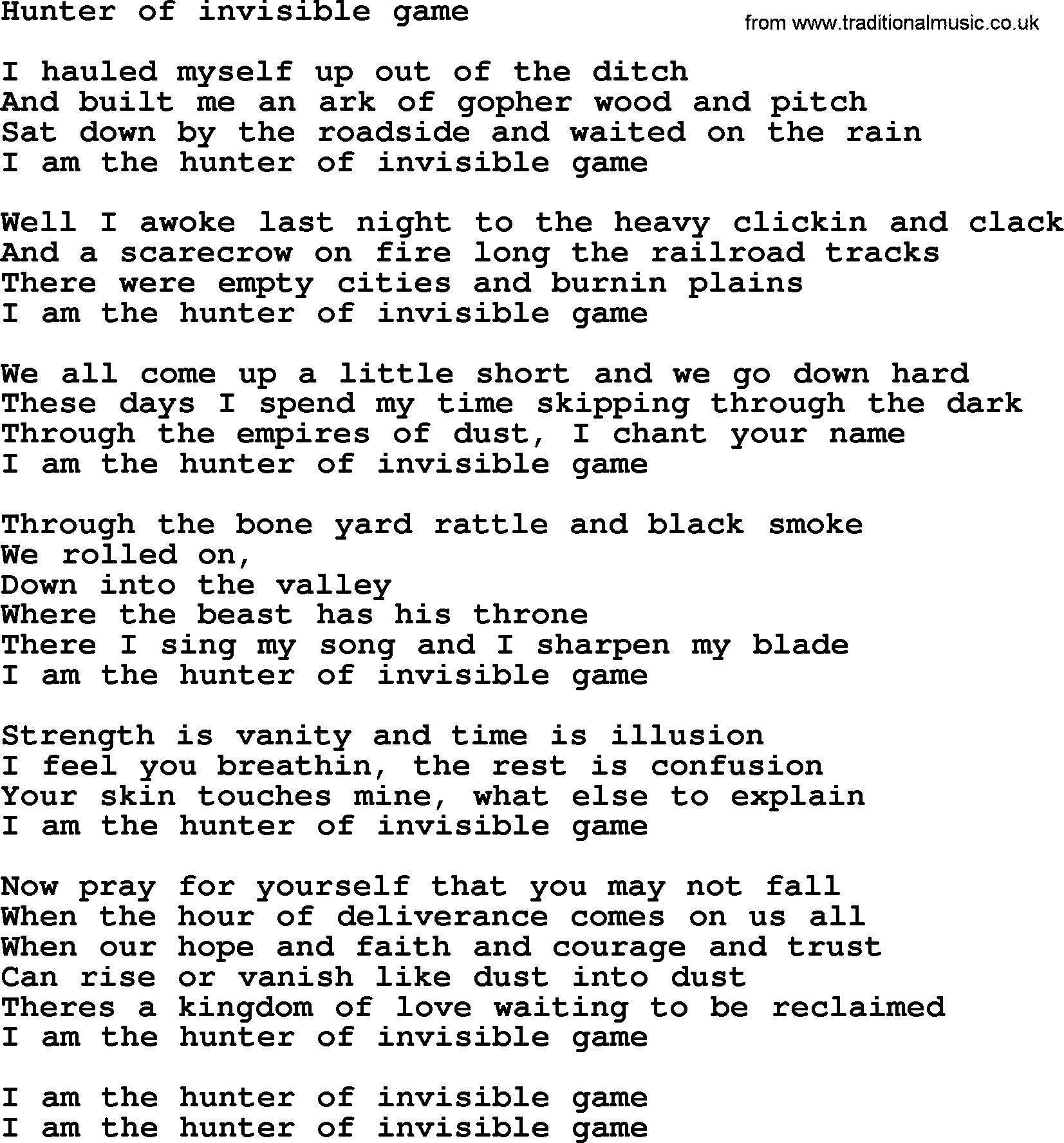 Bruce Springsteen song: Hunter Of Invisible Game lyrics