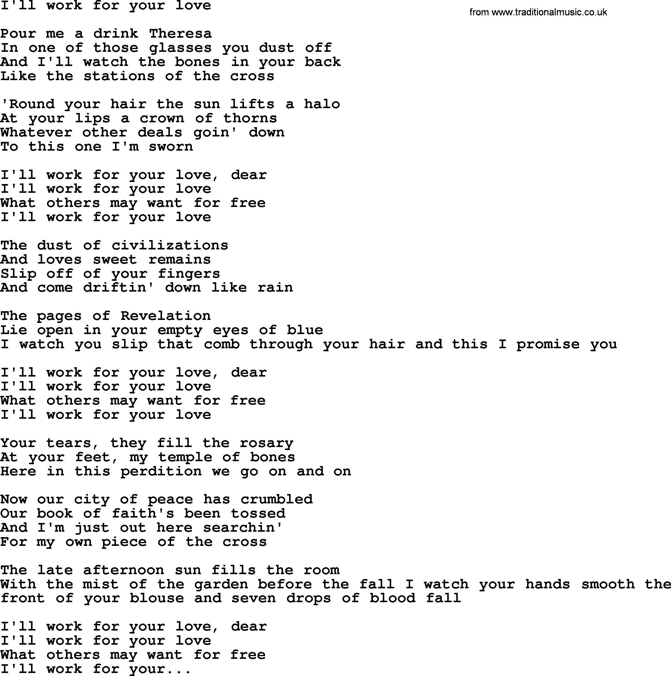 Bruce Springsteen song: I'll Work For Your Love lyrics