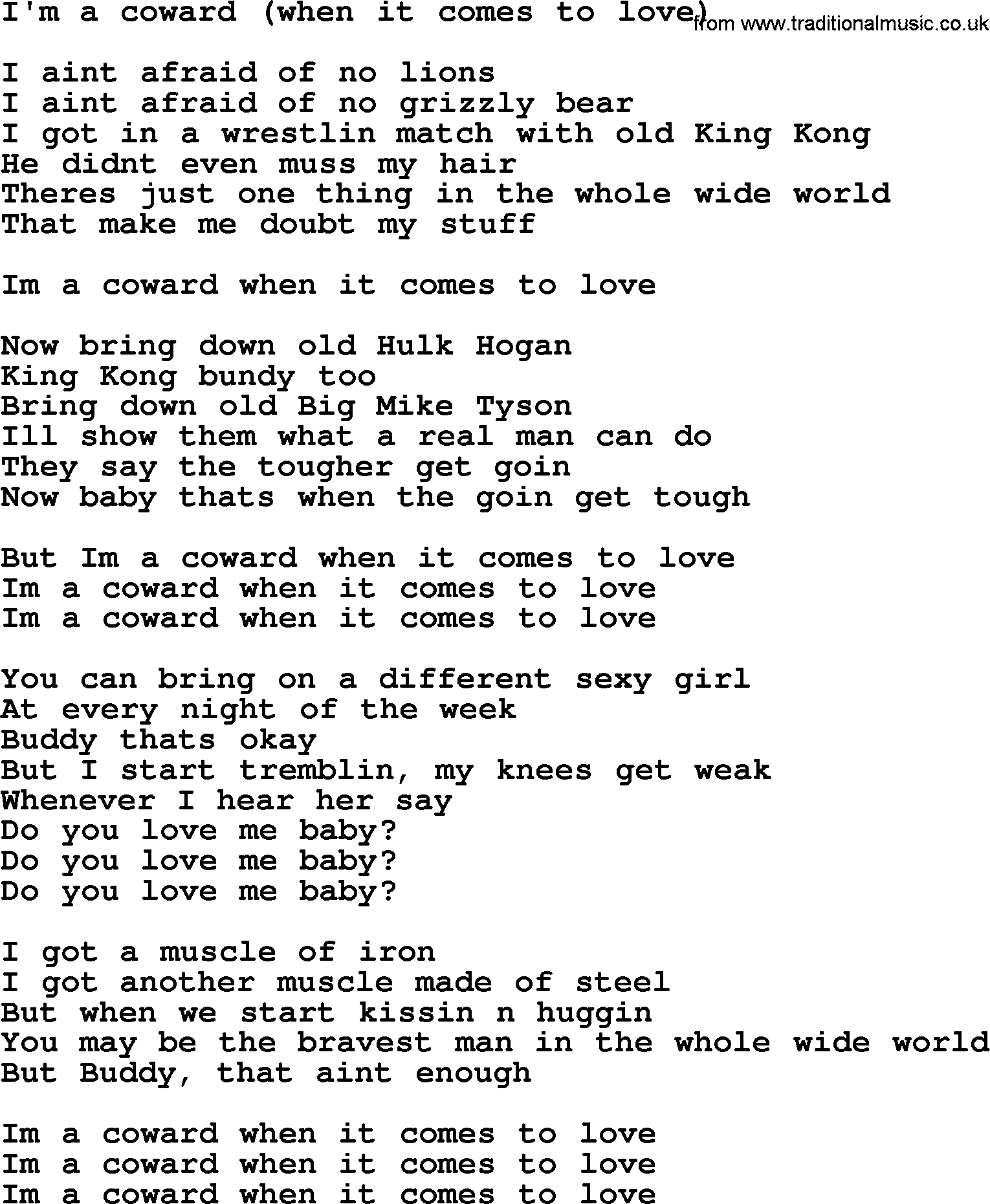 Bruce Springsteen song: I'm A Coward(When It Comes To Love) lyrics